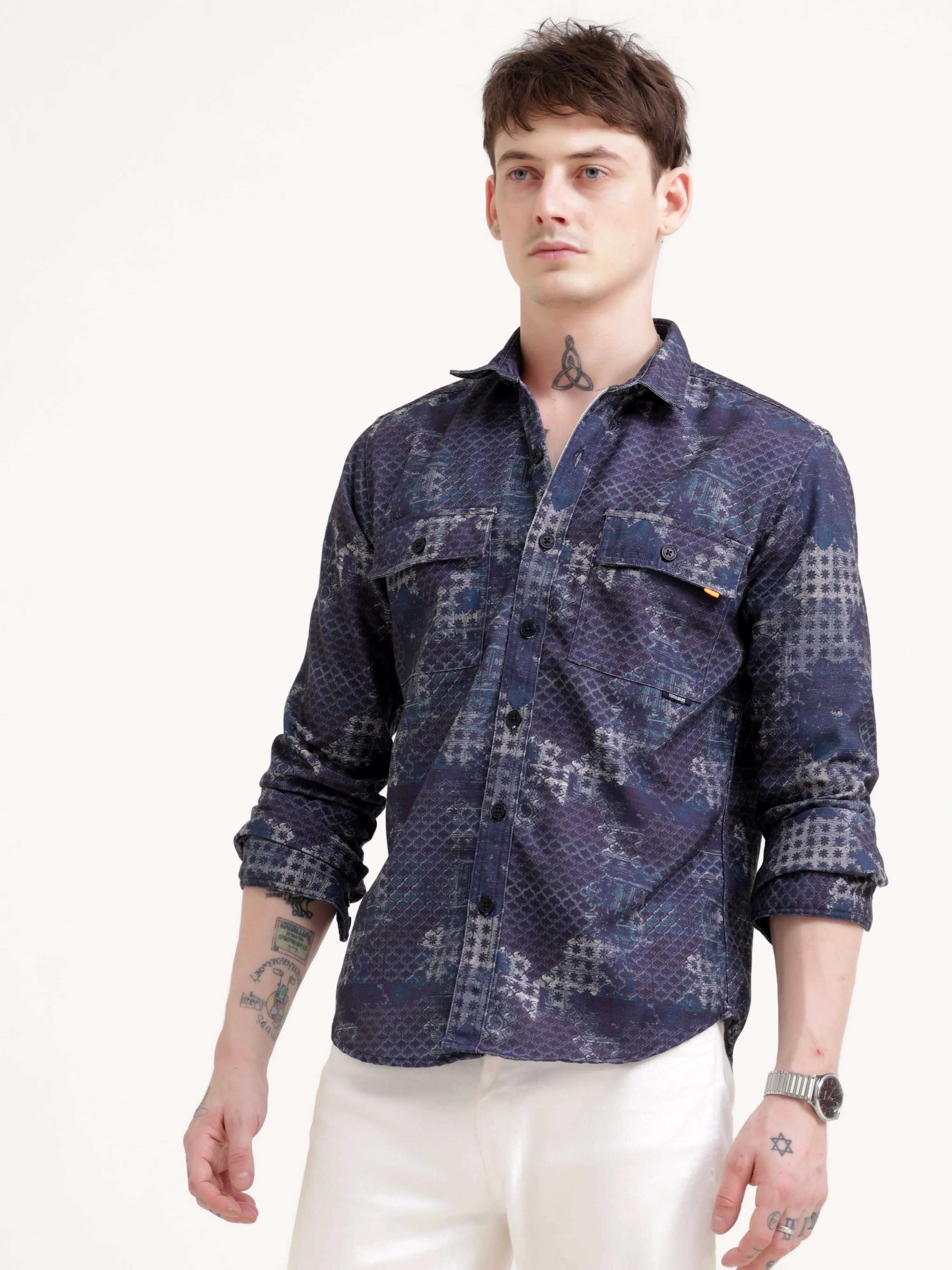 Geometric Print Indigo Overshirt