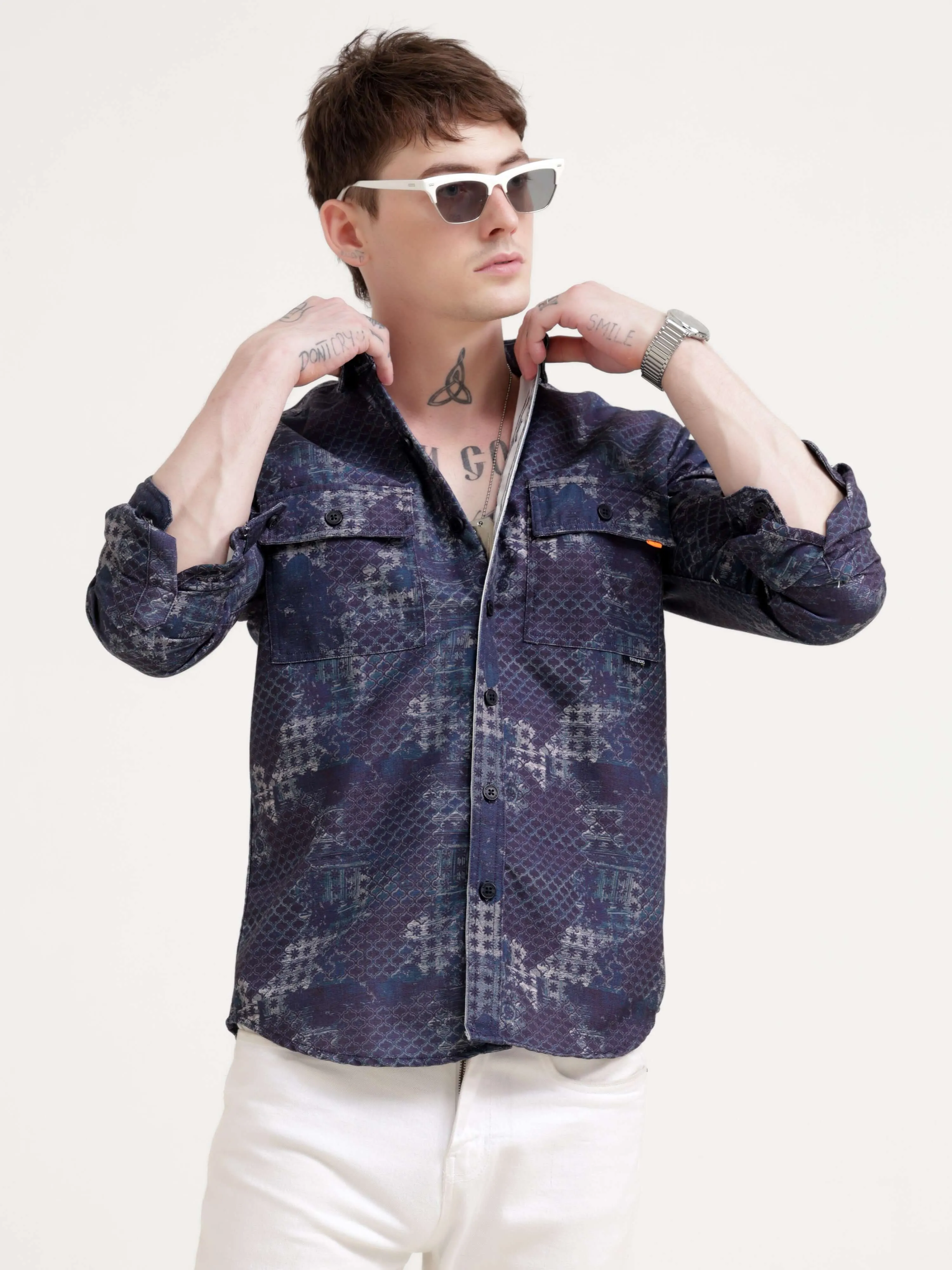 Geometric Print Indigo Overshirt