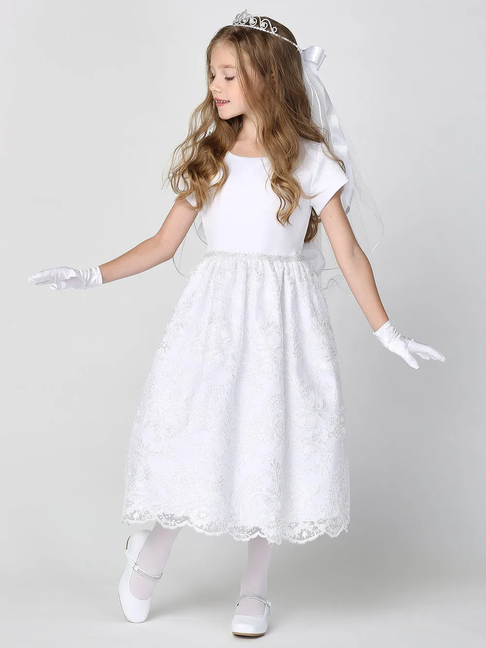 Girls White First Communion Dress w/ Embroidered Tulle & Sequins (195)