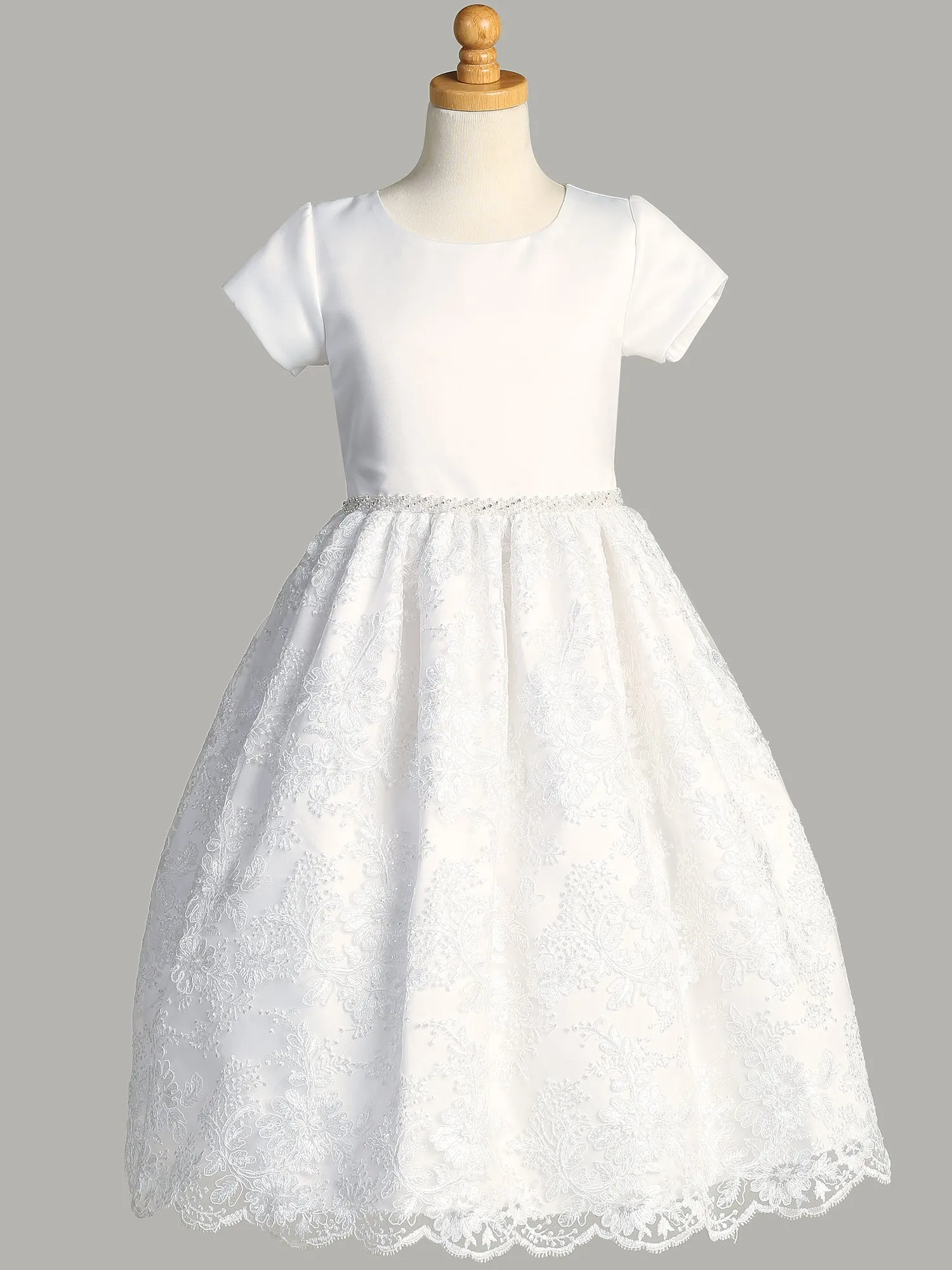 Girls White First Communion Dress w/ Embroidered Tulle & Sequins (195)