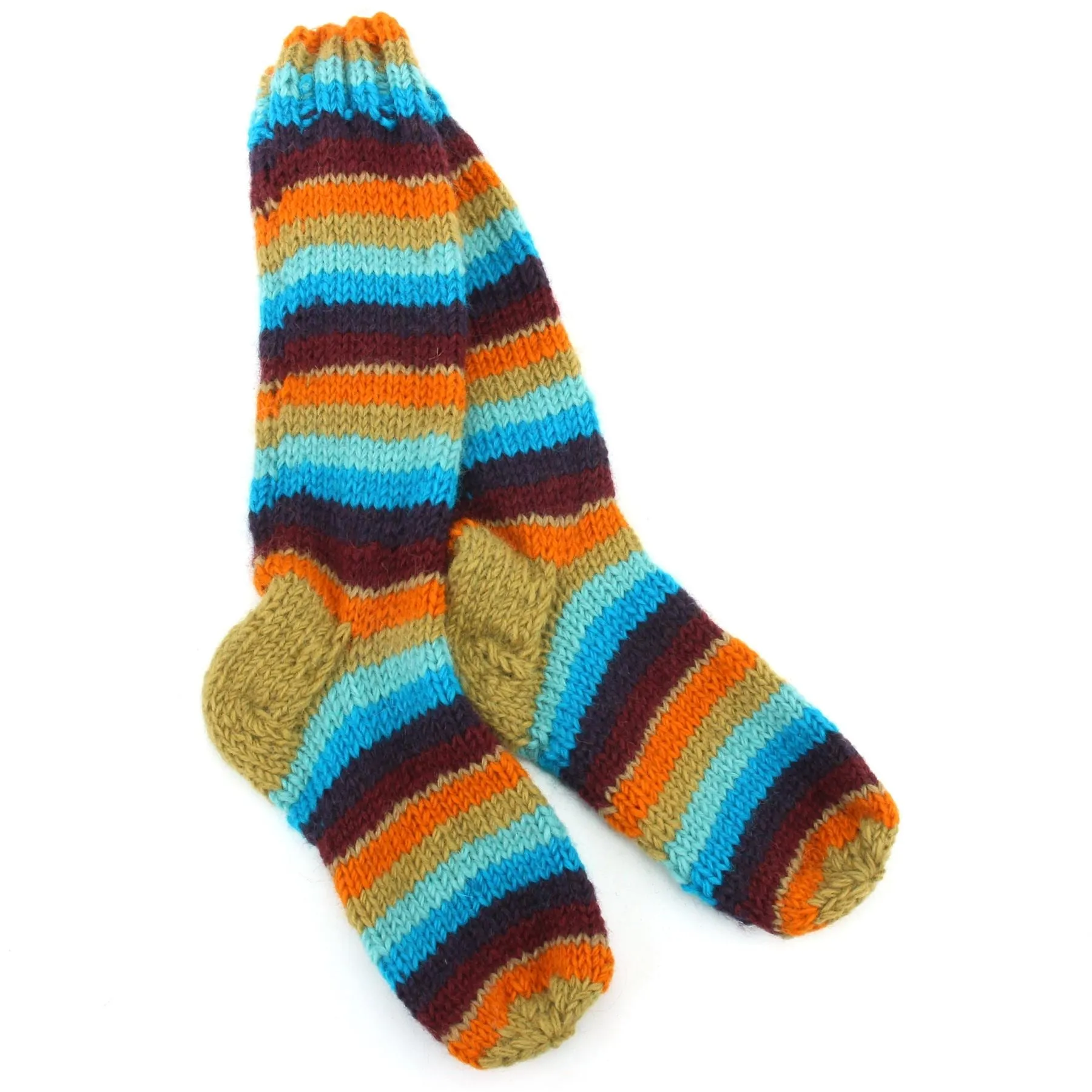 Hand Knitted Wool Long Socks - Stripe Retro C