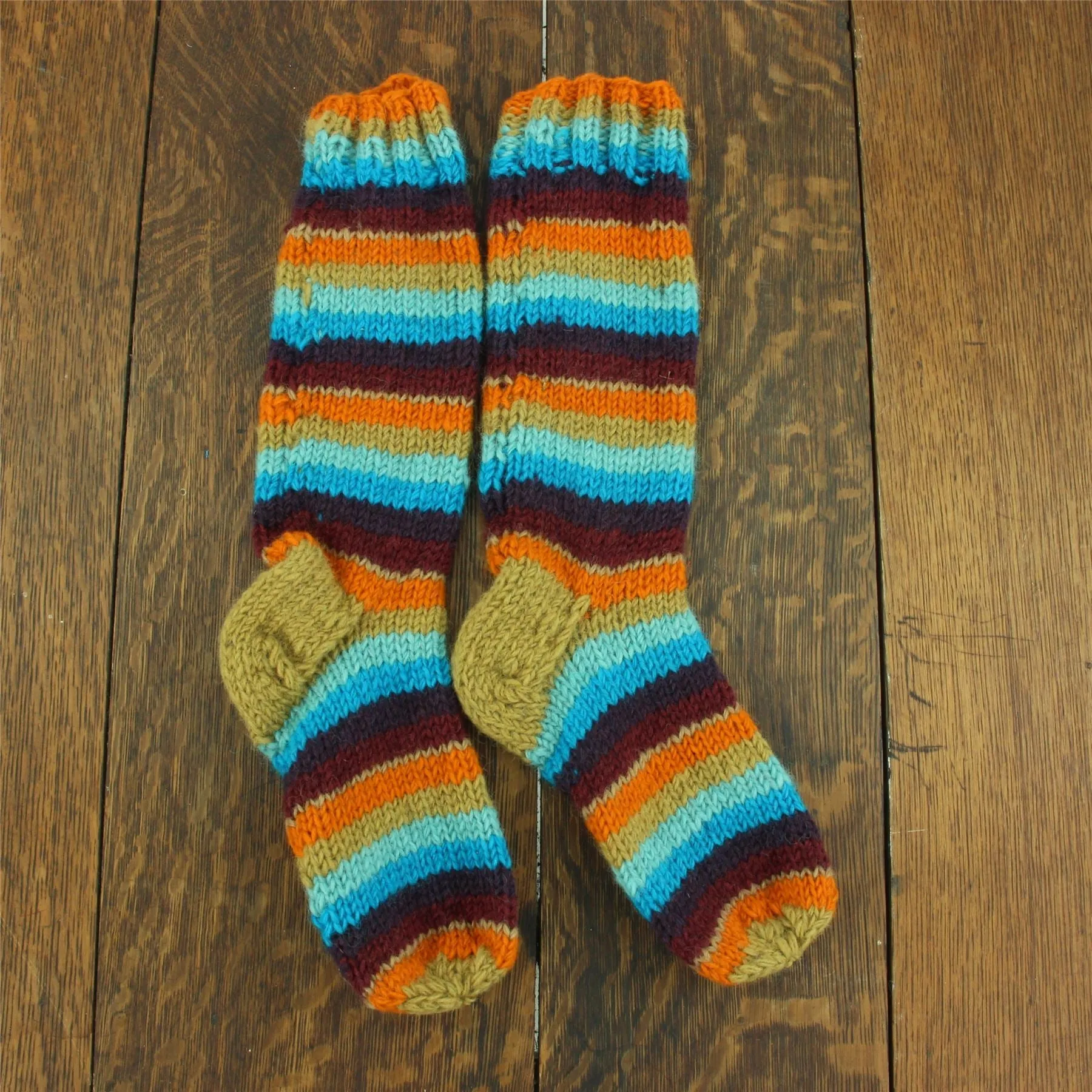 Hand Knitted Wool Long Socks - Stripe Retro C