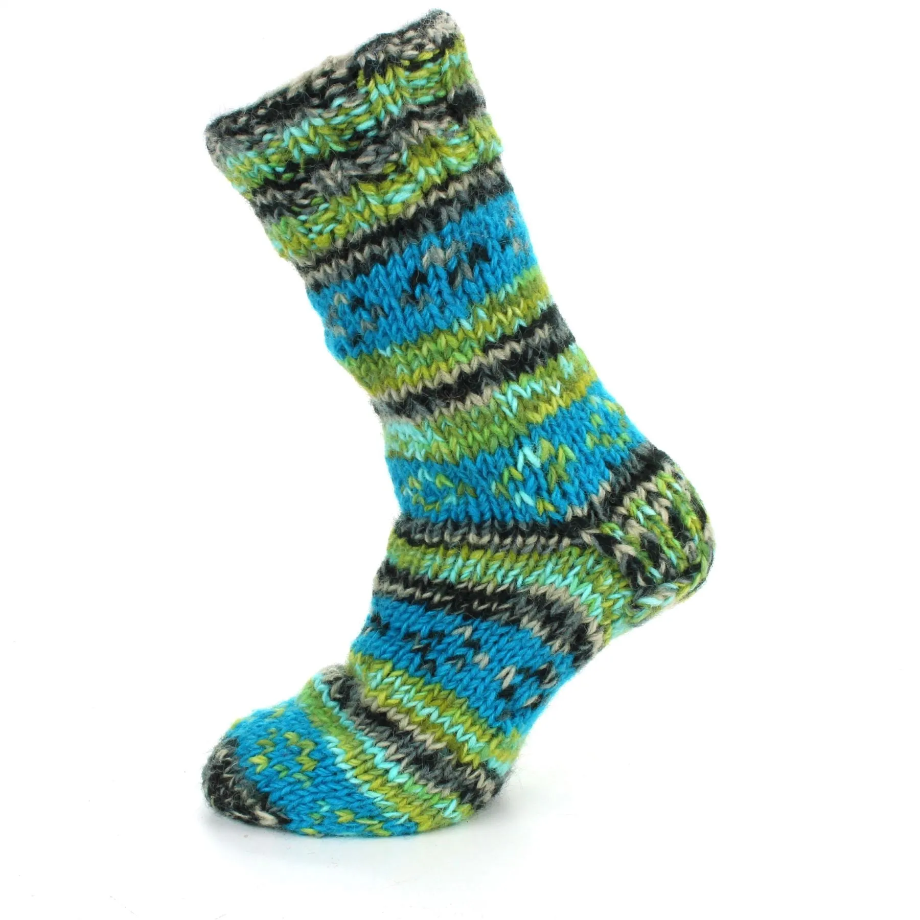 Hand Knitted Wool Slipper Socks Lined - Diamond Blue Green