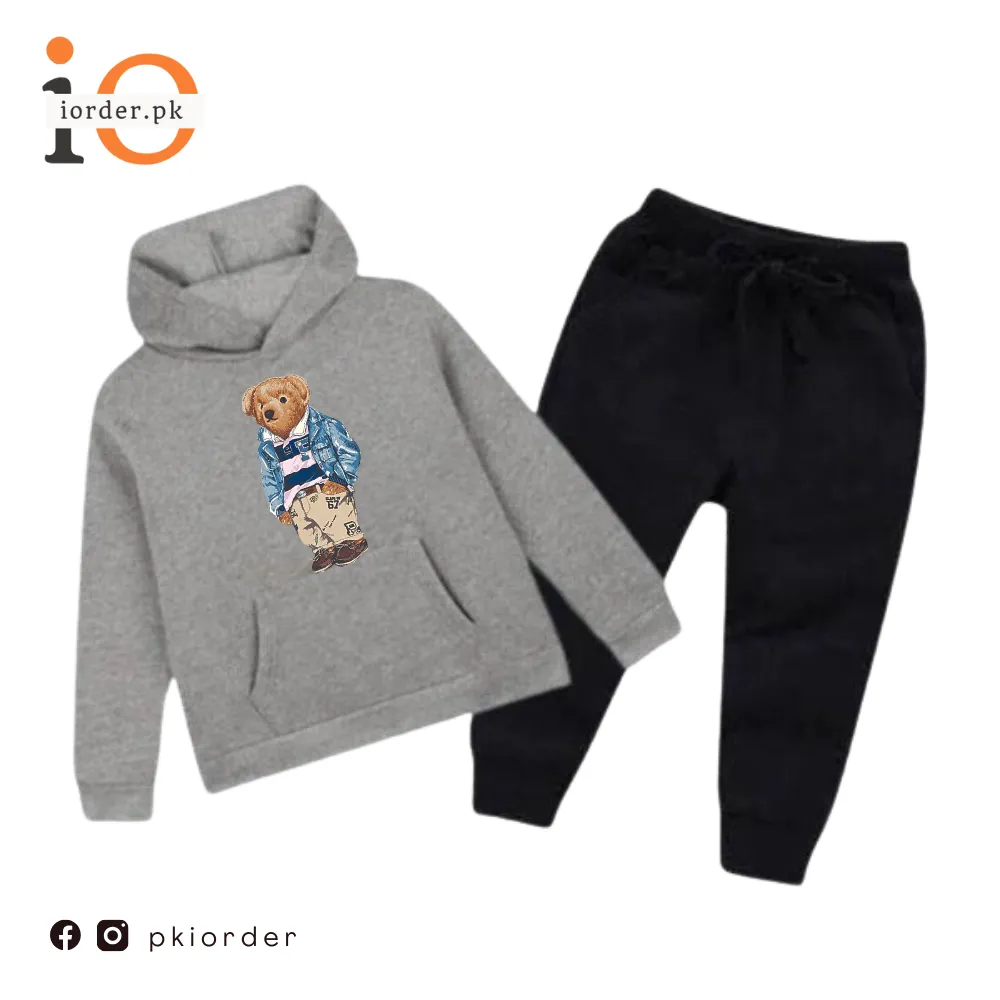 Hazel Grey Polo Bear Printed Kids Hoodie Set