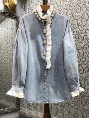 HEYFANCYSTYLE Denim Jewel Embellished Blouse