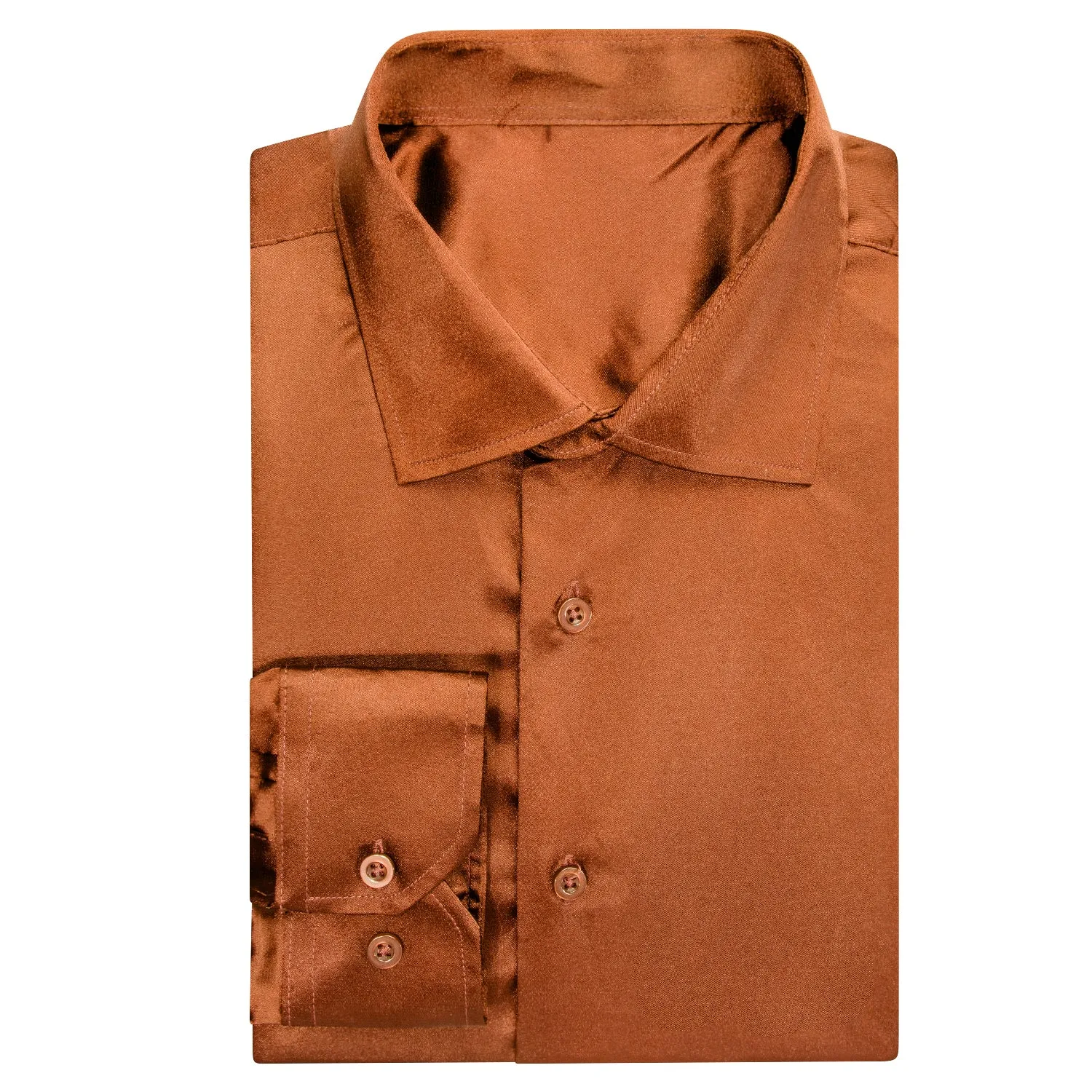 Hi-Tie Burnt Orange Brown Solid Satin Men's Long Sleeve Dress Shirt