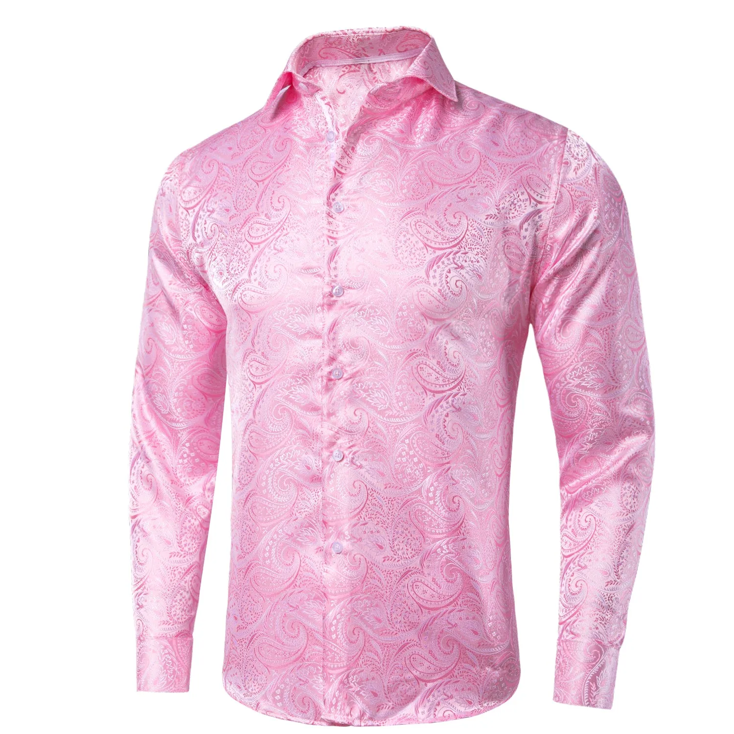 Hi-Tie Light Pink Shirt Baby Pink Paisley Silk Men's Long Sleeve Shirt