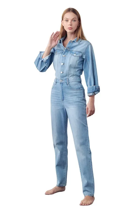 High Waist Flap Pocket Half Button Denim Jumpsuit