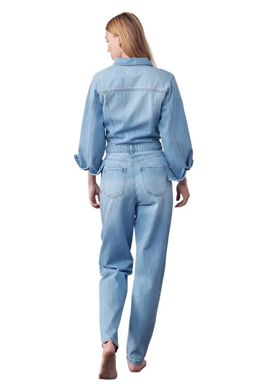 High Waist Flap Pocket Half Button Denim Jumpsuit