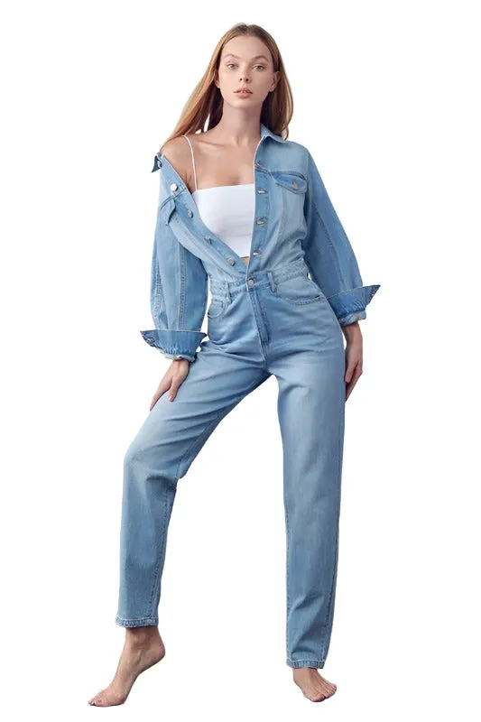 High Waist Flap Pocket Half Button Denim Jumpsuit