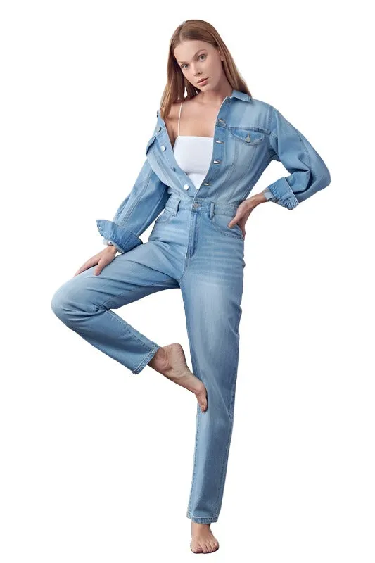 High Waist Flap Pocket Half Button Denim Jumpsuit