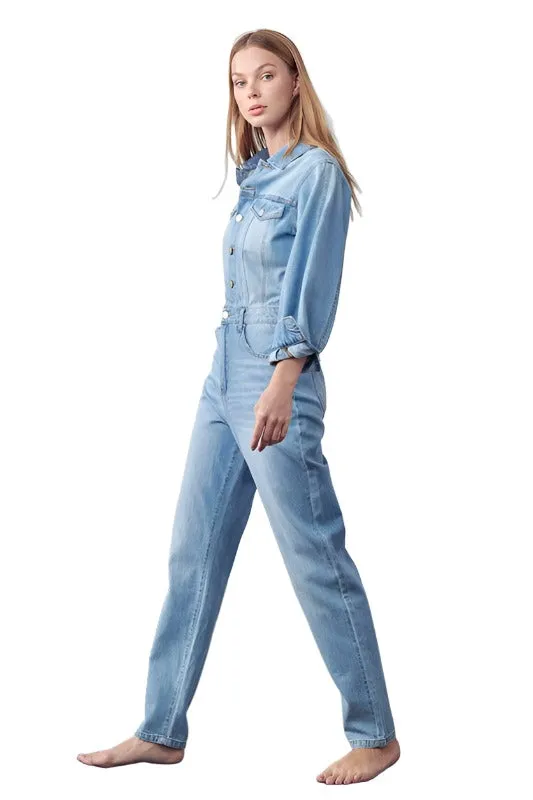 High Waist Flap Pocket Half Button Denim Jumpsuit