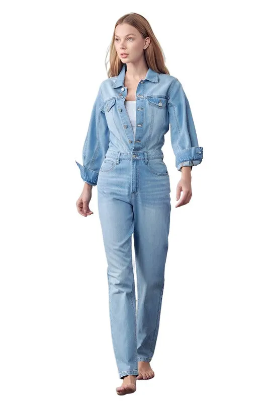 High Waist Flap Pocket Half Button Denim Jumpsuit