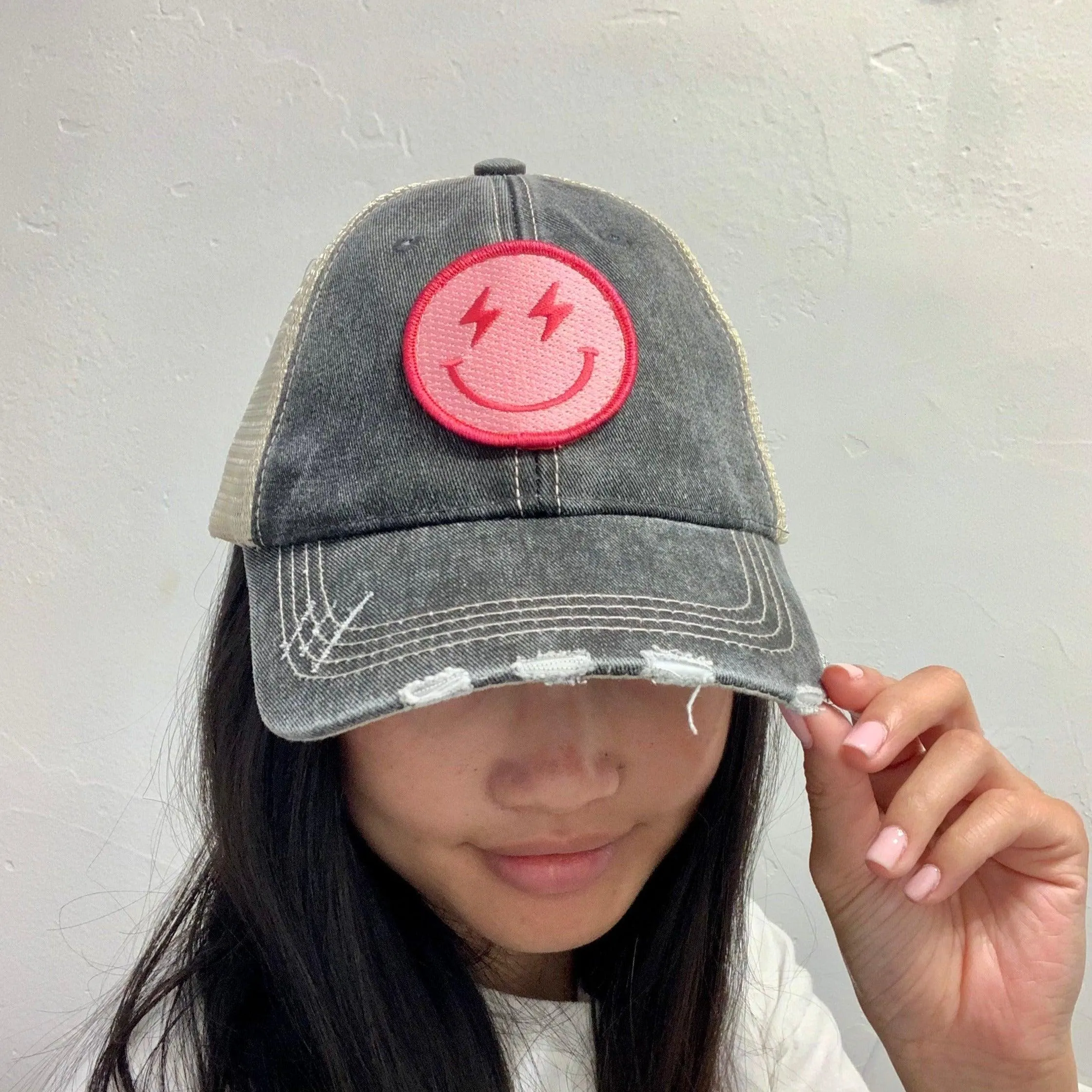 Hot Pink Lightning Face Vintage Distressed Baseball Cap