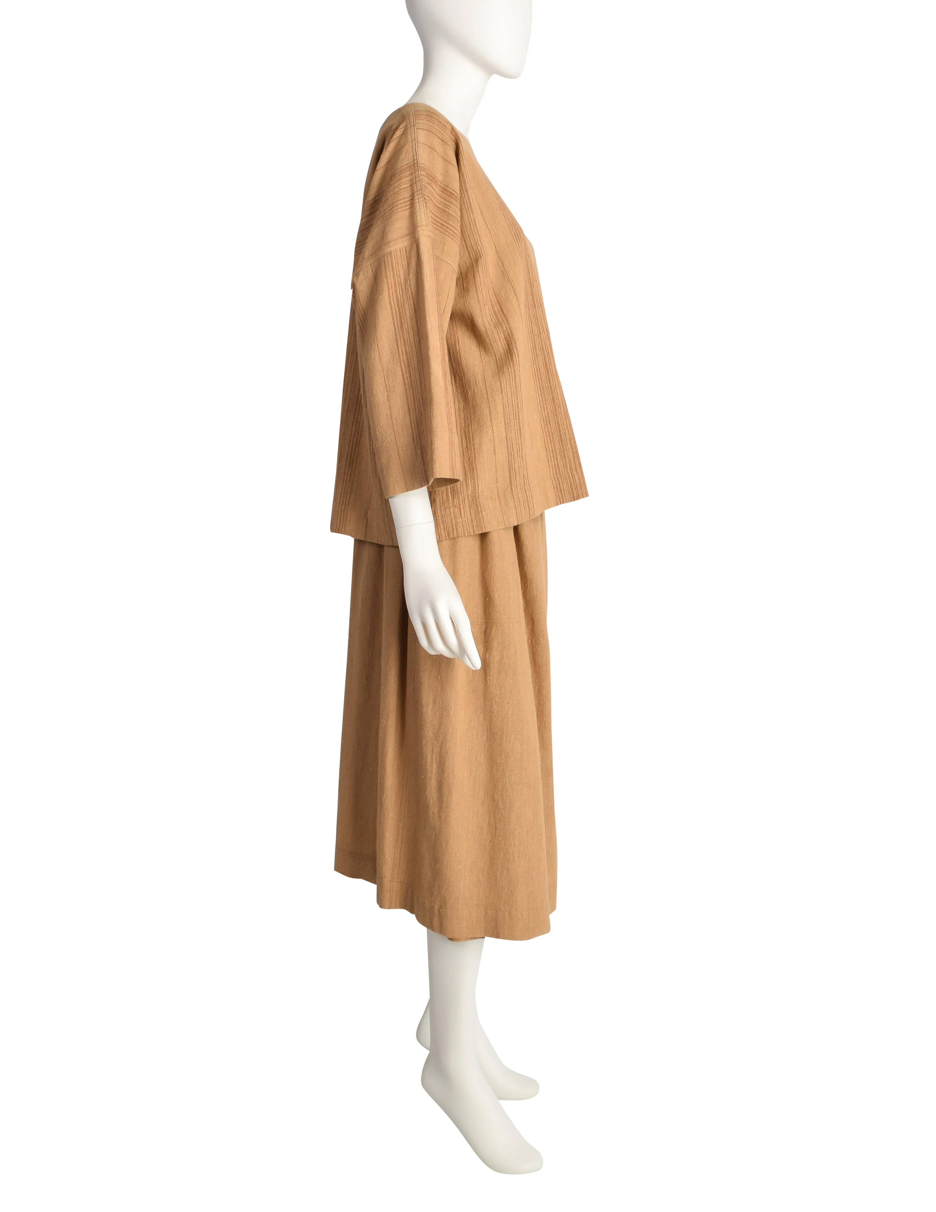 Issey Miyake Plantation Vintage Brown Striped Oversized Jacket Top and Skirt 3 Piece Ensemble Set