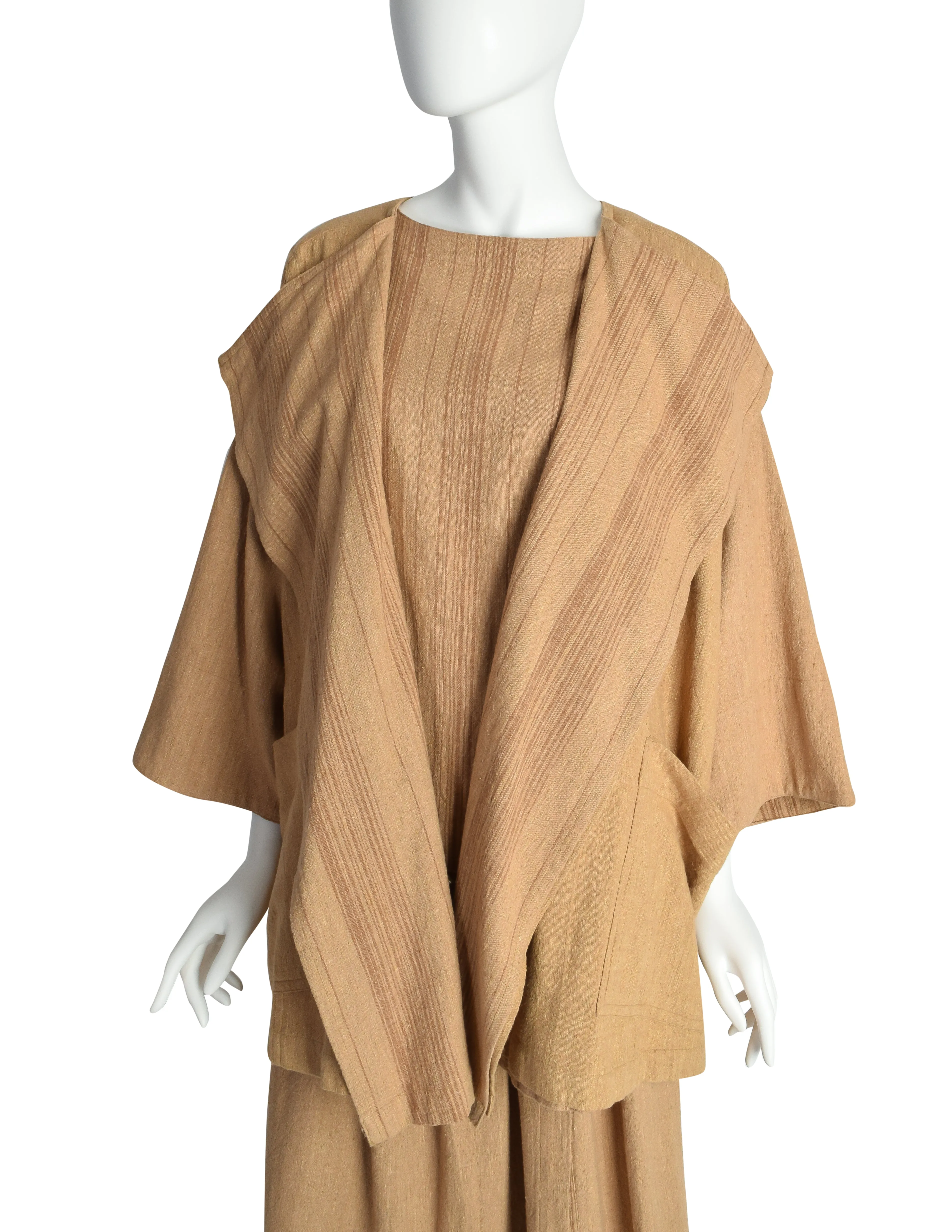 Issey Miyake Plantation Vintage Brown Striped Oversized Jacket Top and Skirt 3 Piece Ensemble Set