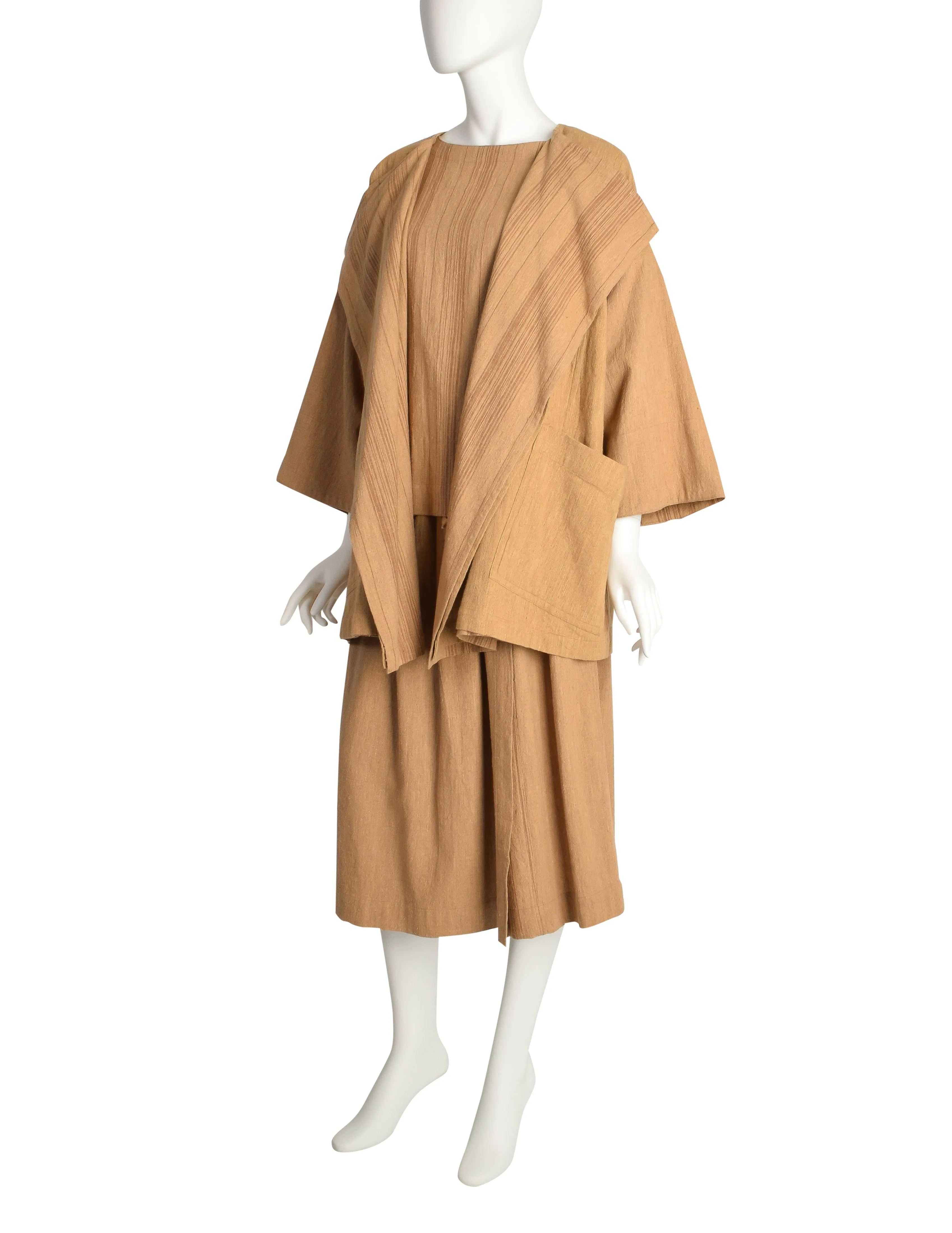 Issey Miyake Plantation Vintage Brown Striped Oversized Jacket Top and Skirt 3 Piece Ensemble Set