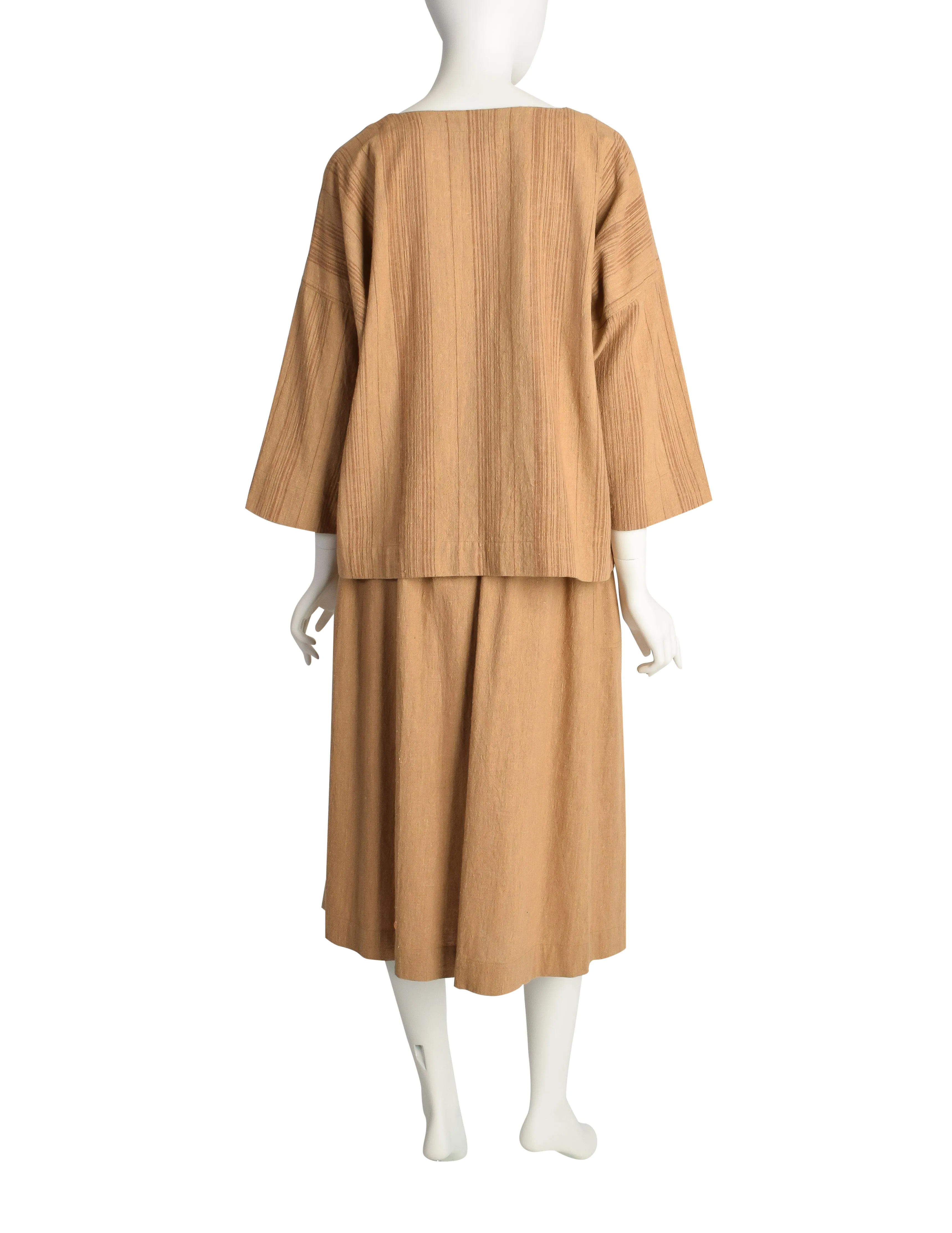 Issey Miyake Plantation Vintage Brown Striped Oversized Jacket Top and Skirt 3 Piece Ensemble Set