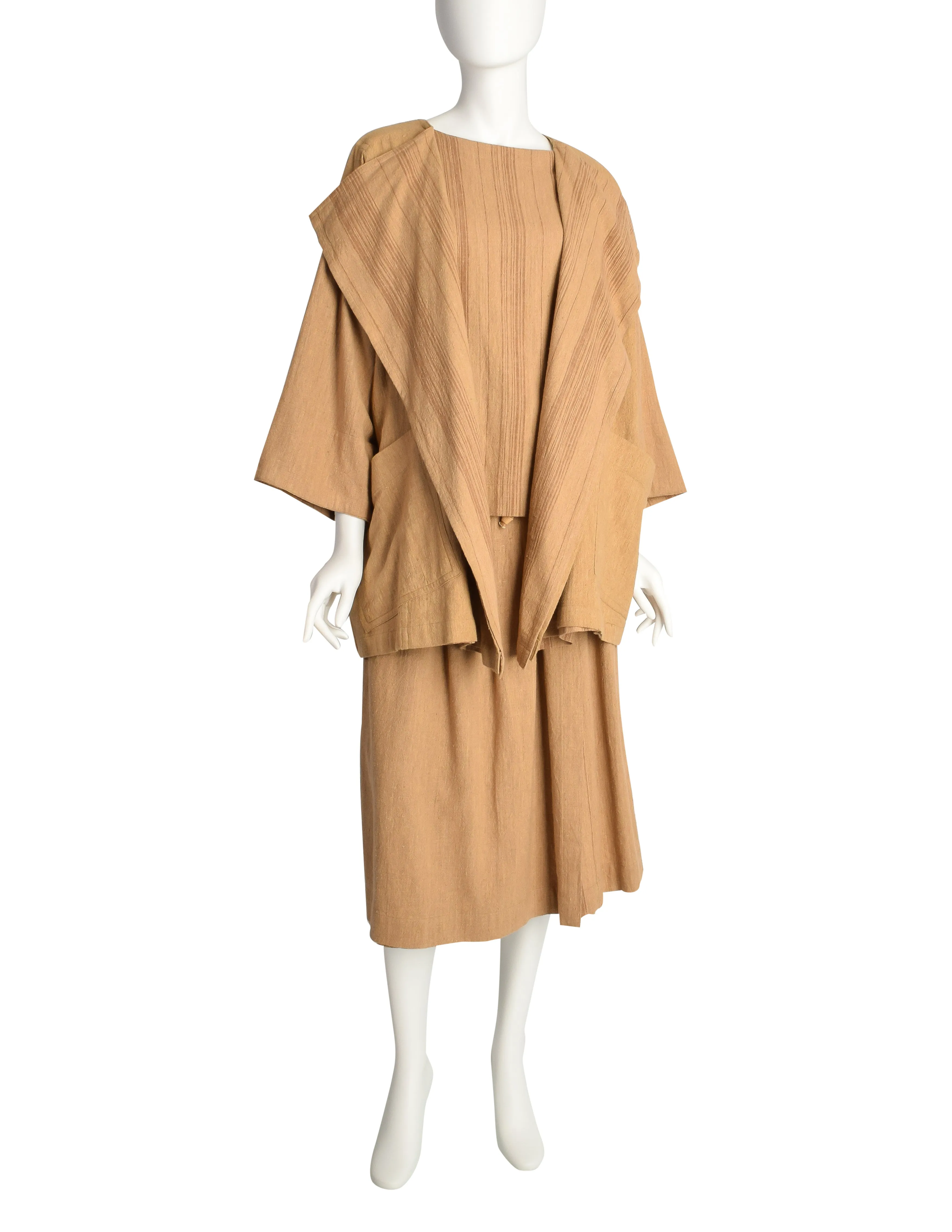 Issey Miyake Plantation Vintage Brown Striped Oversized Jacket Top and Skirt 3 Piece Ensemble Set