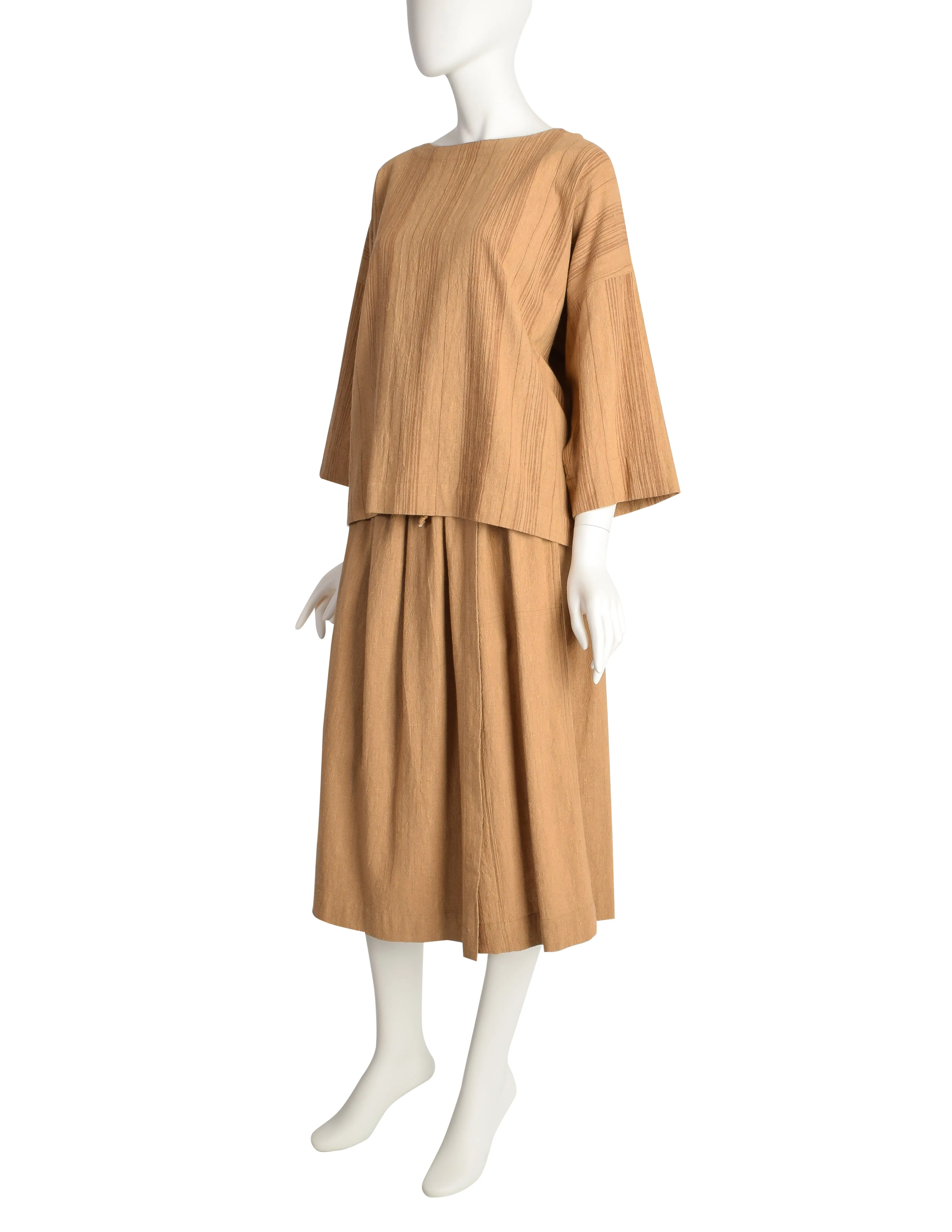 Issey Miyake Plantation Vintage Brown Striped Oversized Jacket Top and Skirt 3 Piece Ensemble Set