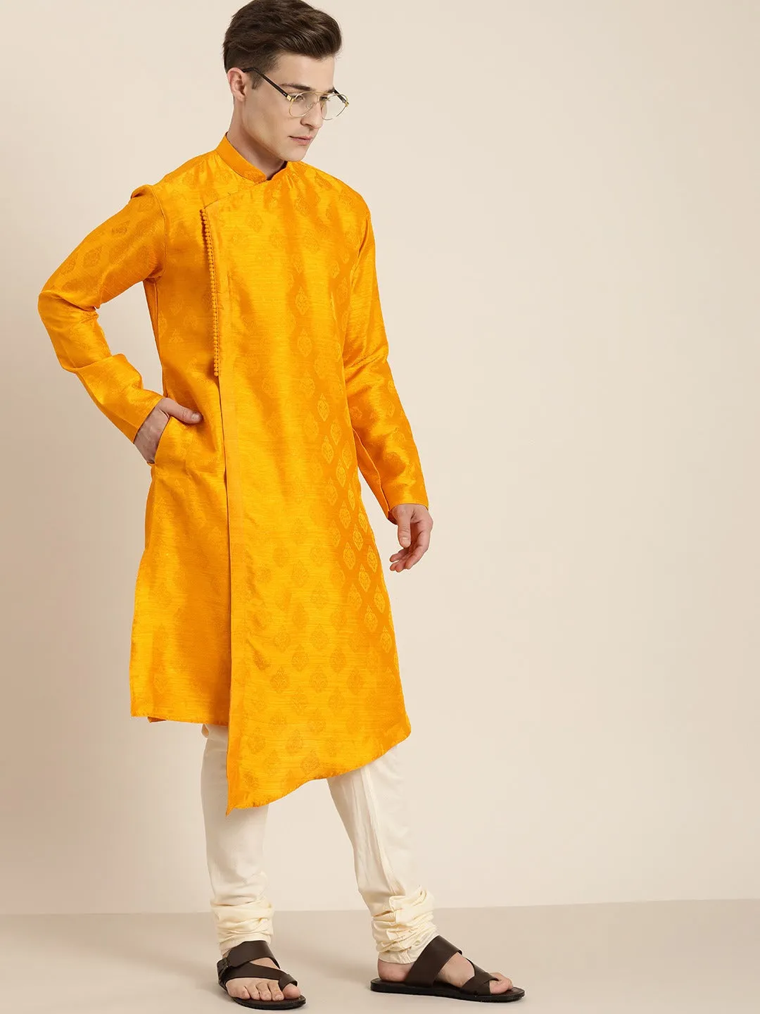 Jashvi Men Yellow Angrakha Style Kurta With Solid Pyjama