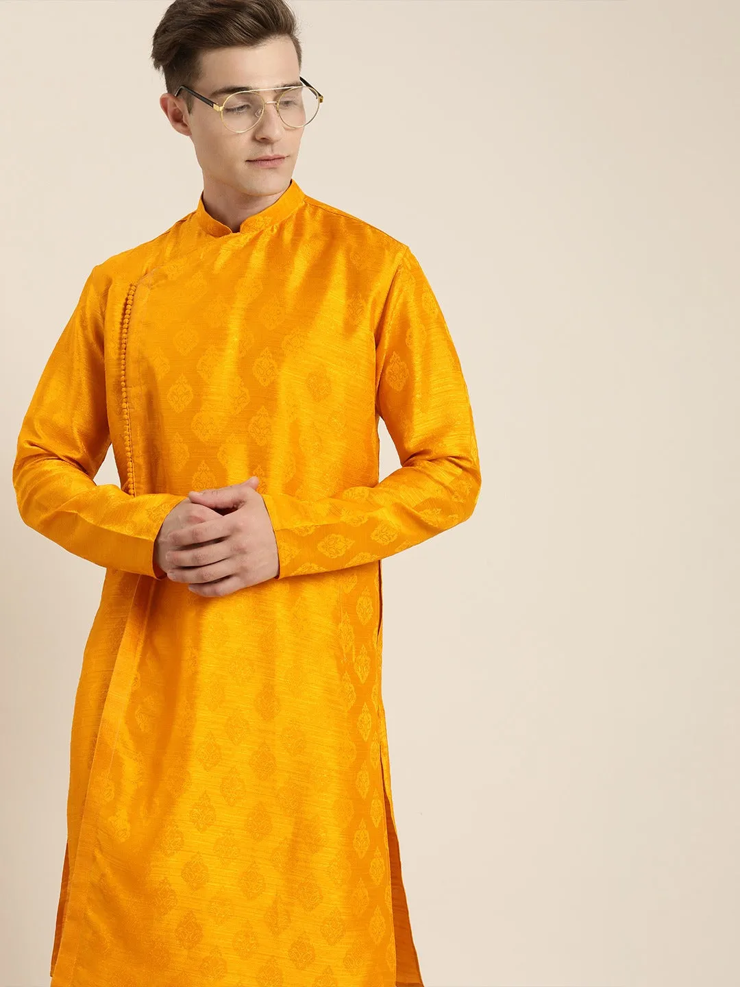 Jashvi Men Yellow Angrakha Style Kurta With Solid Pyjama