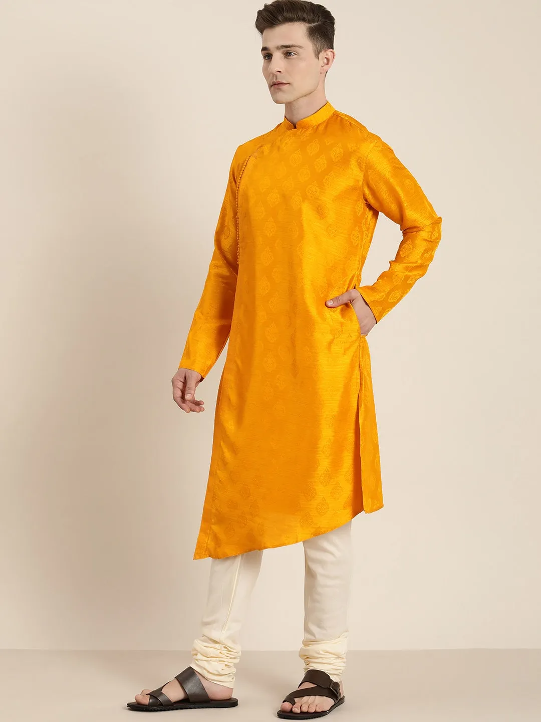 Jashvi Men Yellow Angrakha Style Kurta With Solid Pyjama