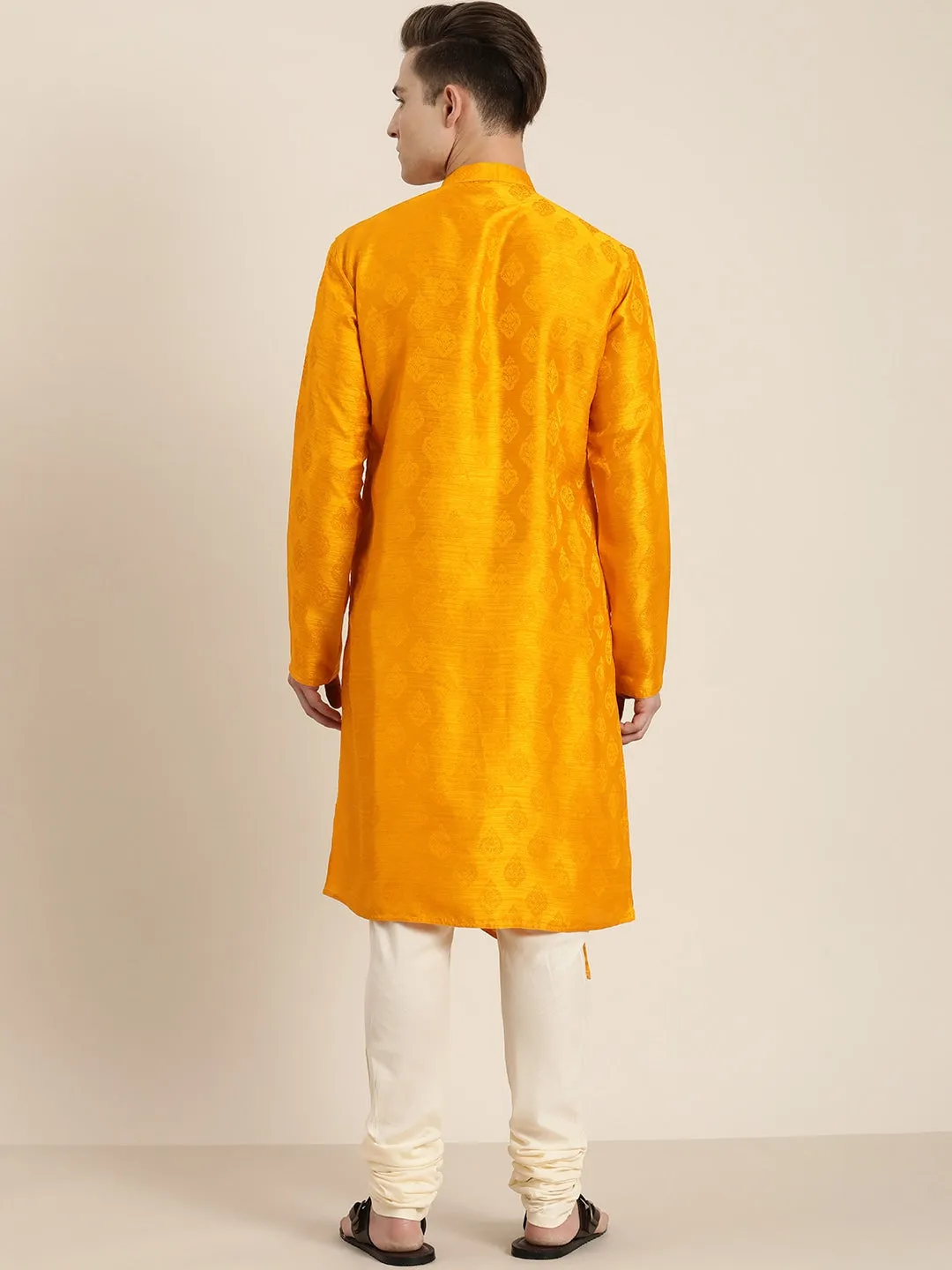 Jashvi Men Yellow Angrakha Style Kurta With Solid Pyjama