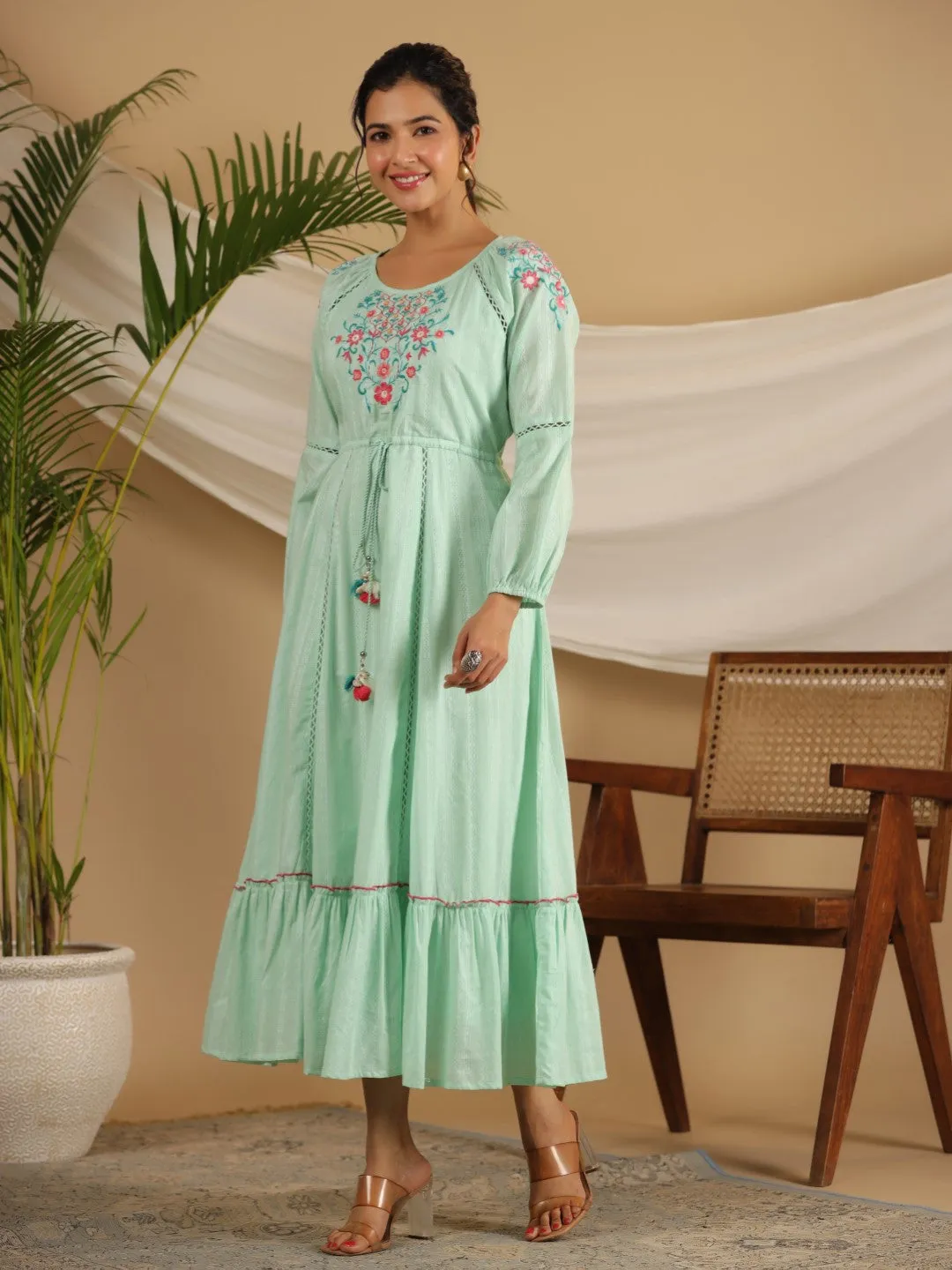 Juniper Green Floral Embroidered Cotton Dobby Tiered Maxi Dress With Kaudis & Colourful Tassels