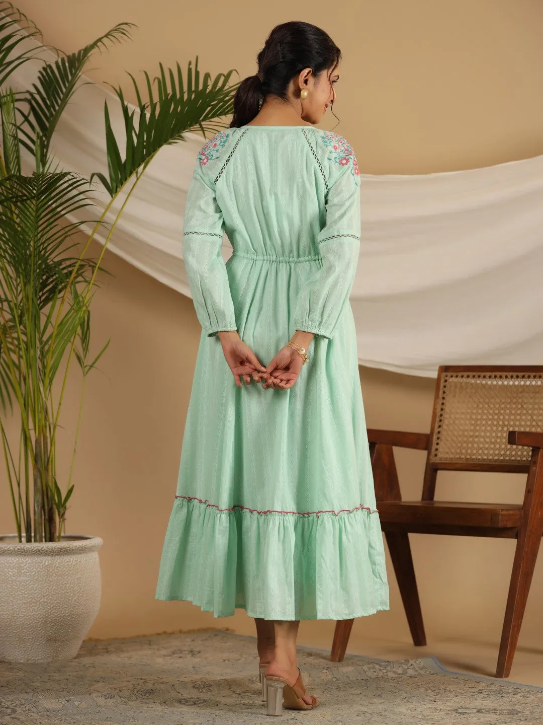 Juniper Green Floral Embroidered Cotton Dobby Tiered Maxi Dress With Kaudis & Colourful Tassels