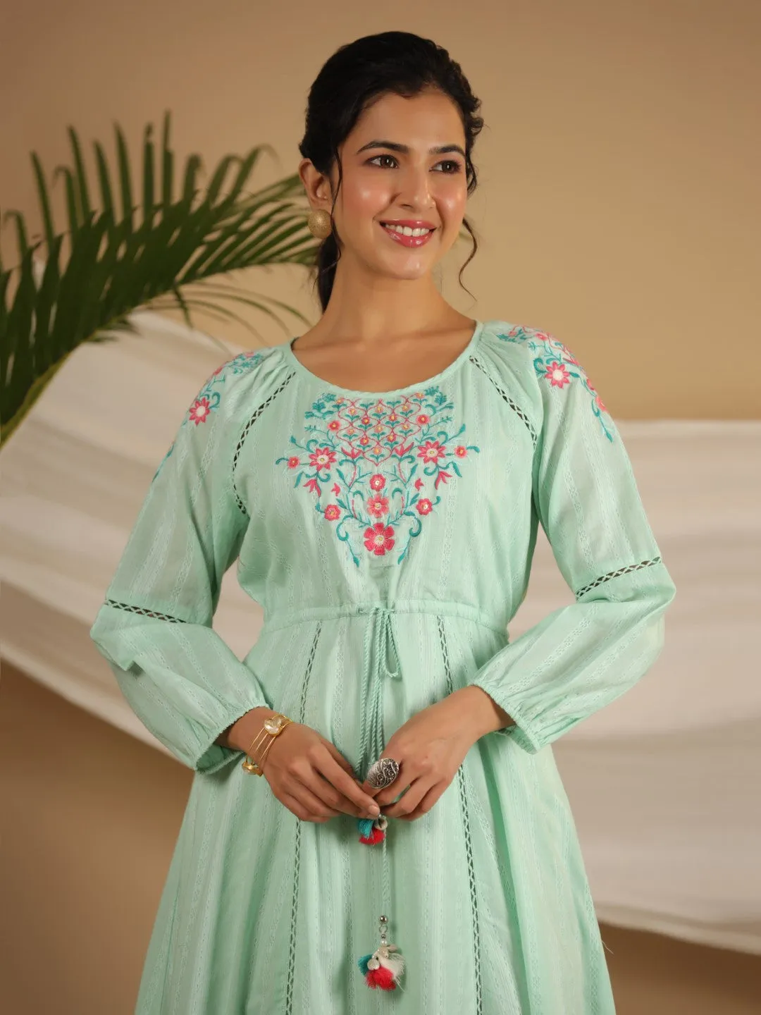 Juniper Green Floral Embroidered Cotton Dobby Tiered Maxi Dress With Kaudis & Colourful Tassels