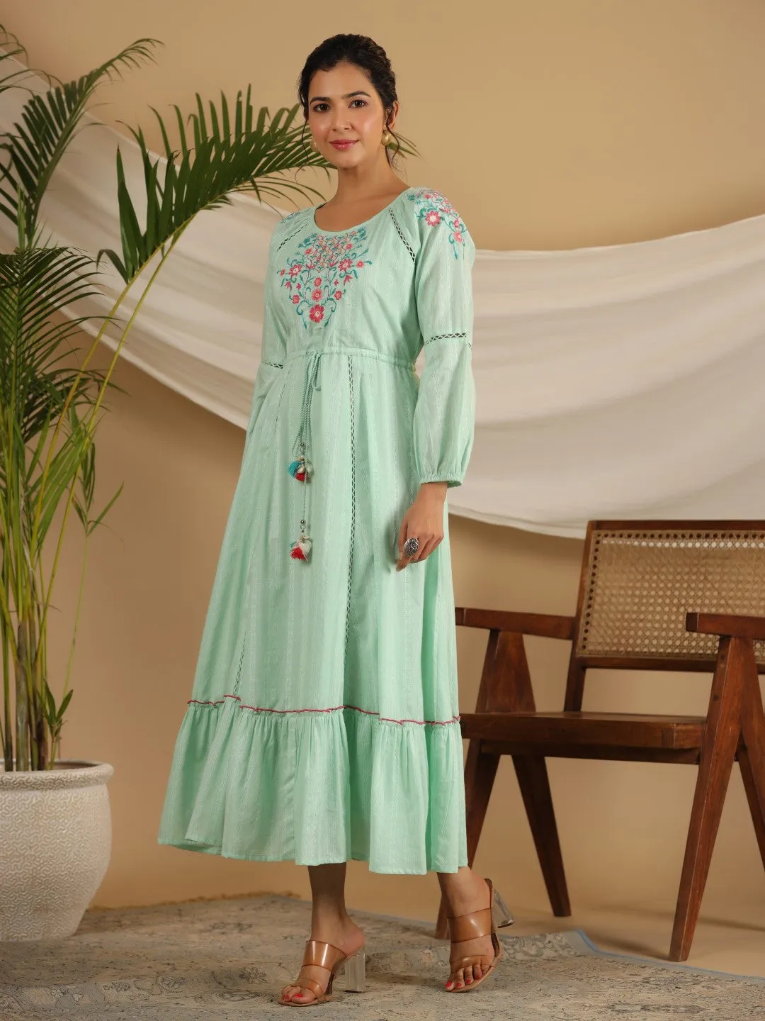 Juniper Green Floral Embroidered Cotton Dobby Tiered Maxi Dress With Kaudis & Colourful Tassels