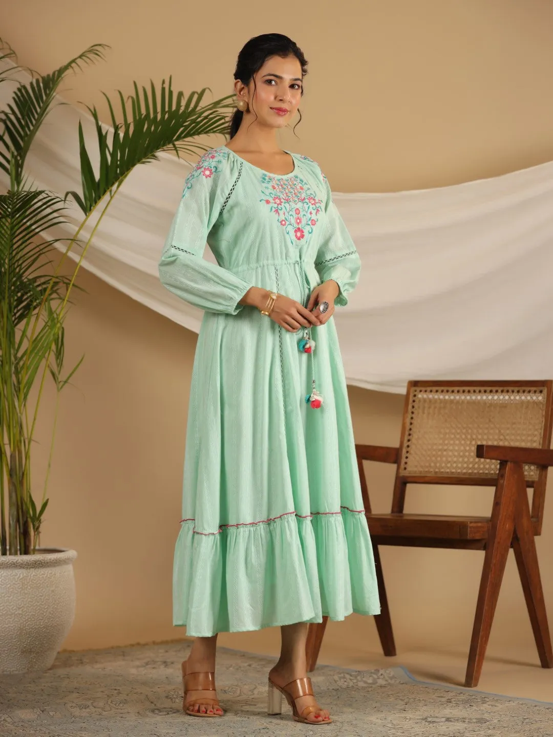 Juniper Green Floral Embroidered Cotton Dobby Tiered Maxi Dress With Kaudis & Colourful Tassels