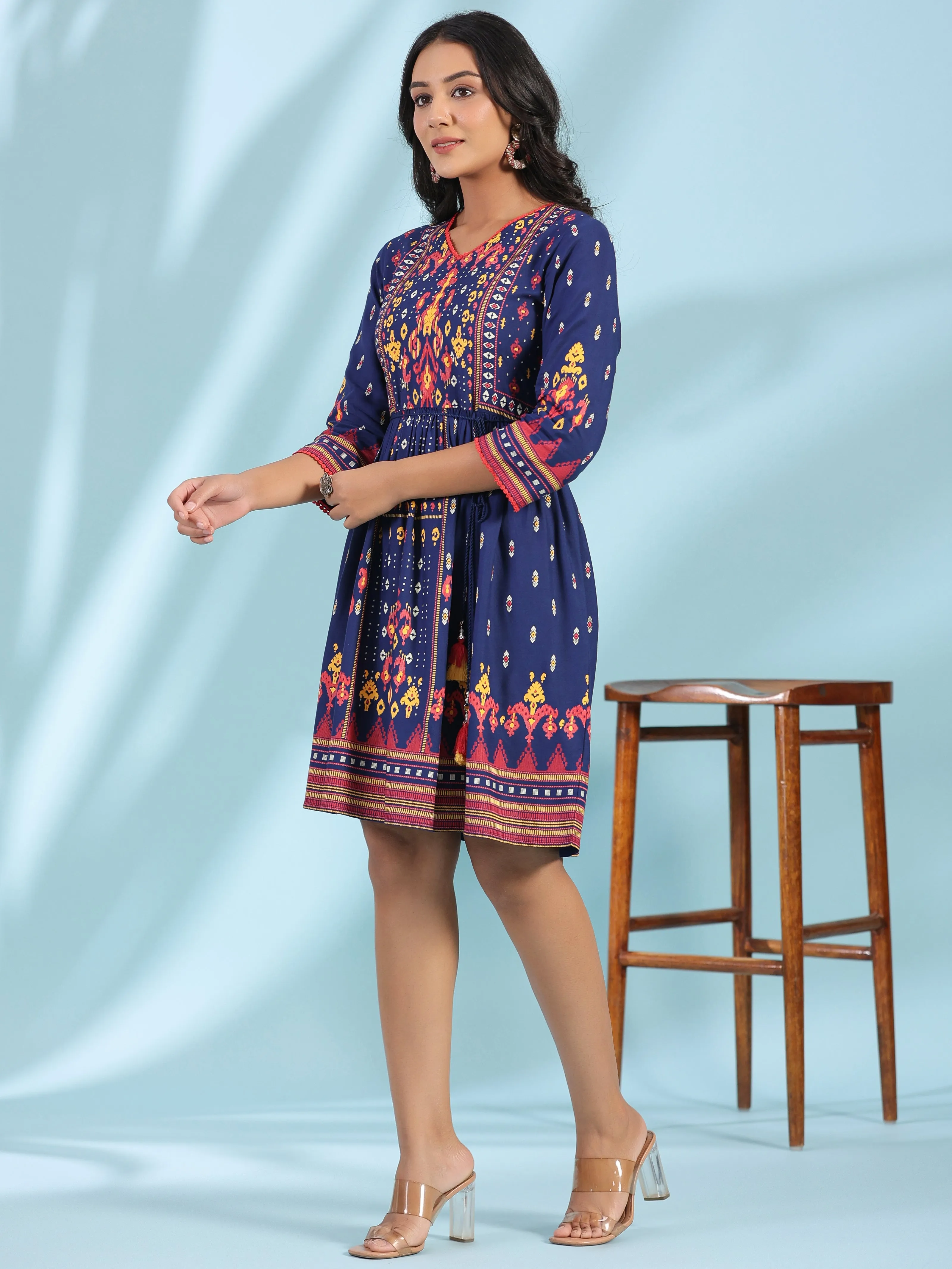 Juniper Navy Blue Rayon Ikat Printed Fit & Flare Lacy Short Dress With Dori Tie-Up At Waist