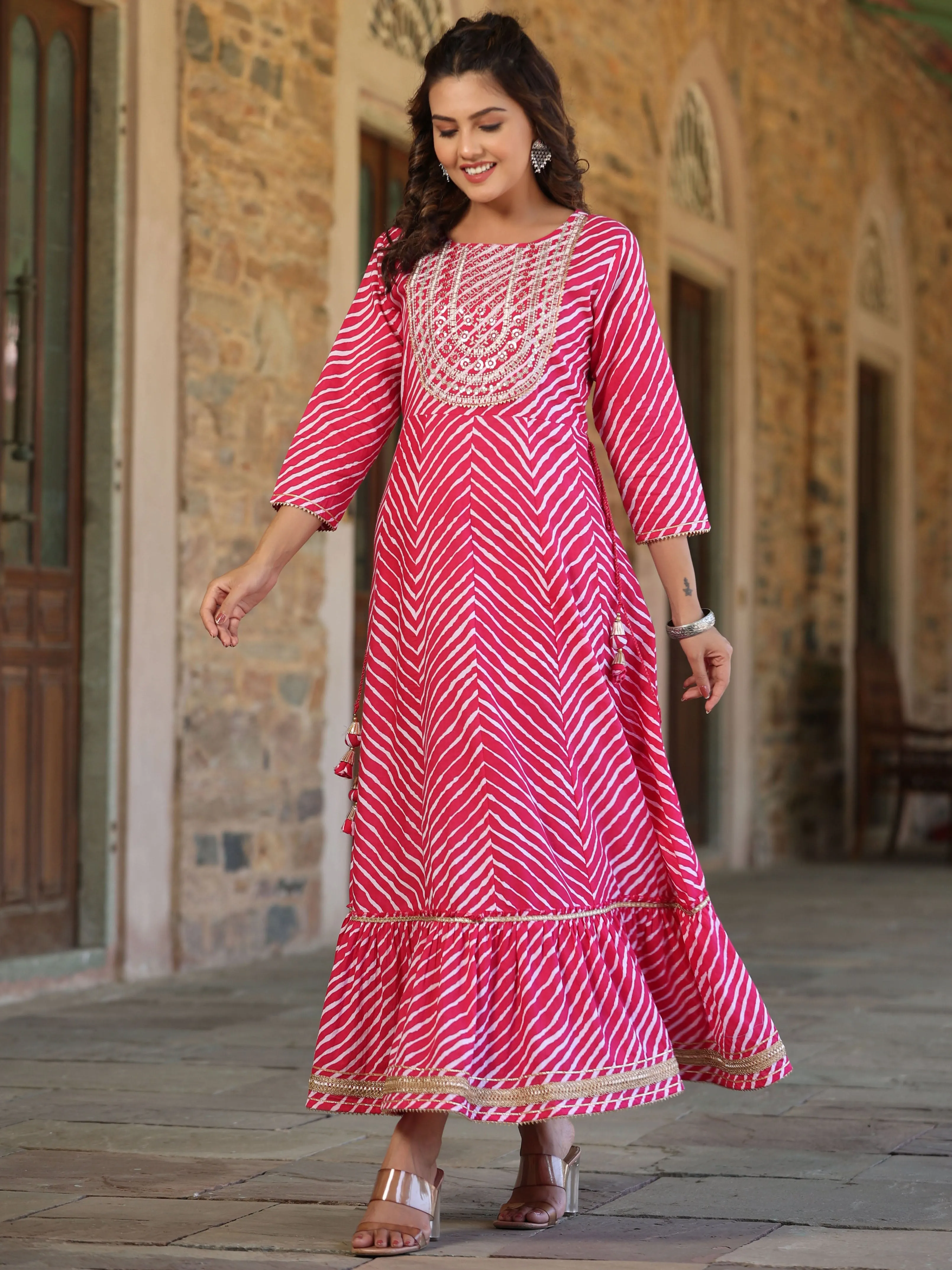 Juniper Pink Cotton Leheriya Printed Anarkali Dress With Embroidered Yoke & Dori Tie-Up At Waist