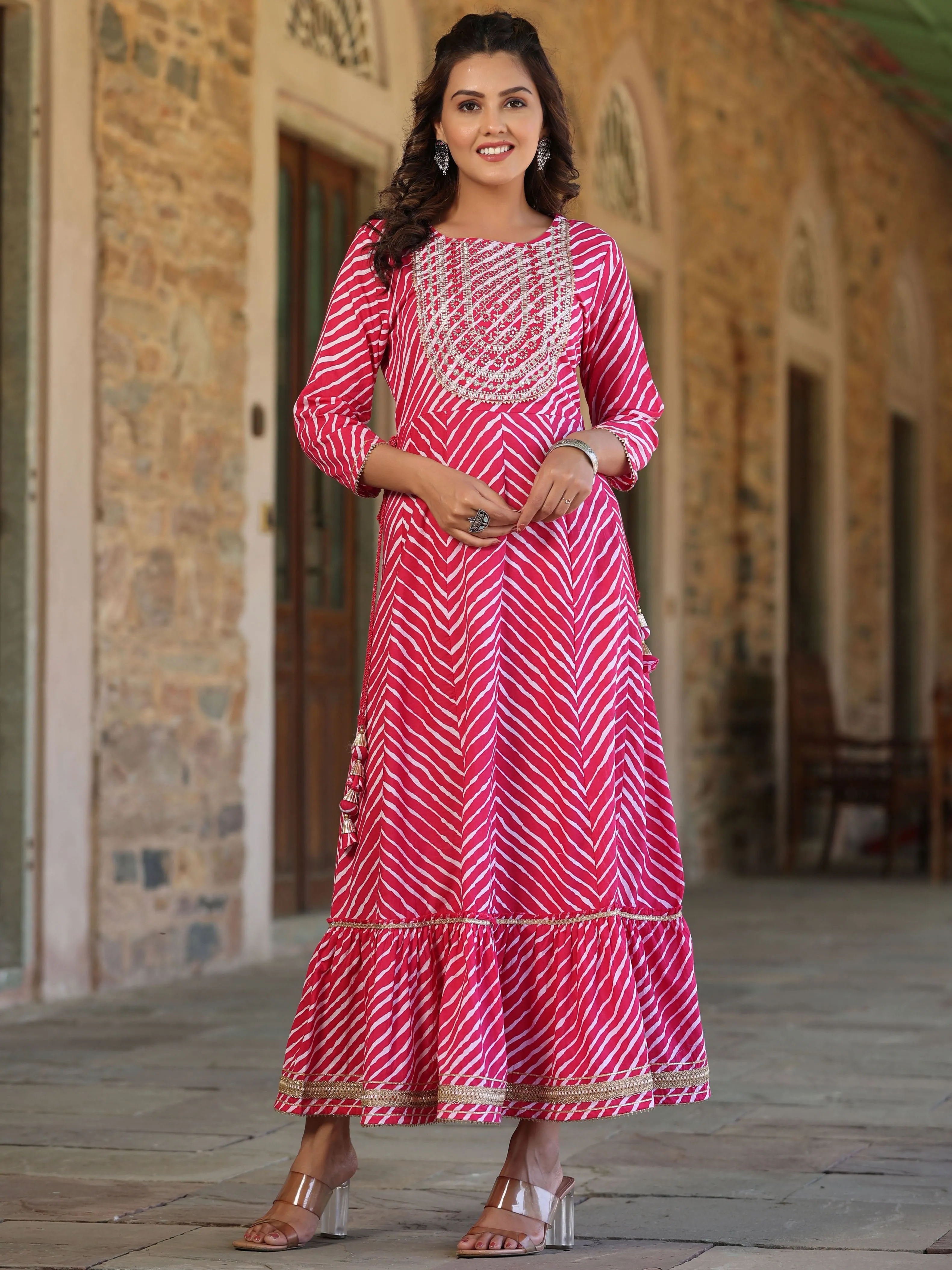 Juniper Pink Cotton Leheriya Printed Anarkali Dress With Embroidered Yoke & Dori Tie-Up At Waist