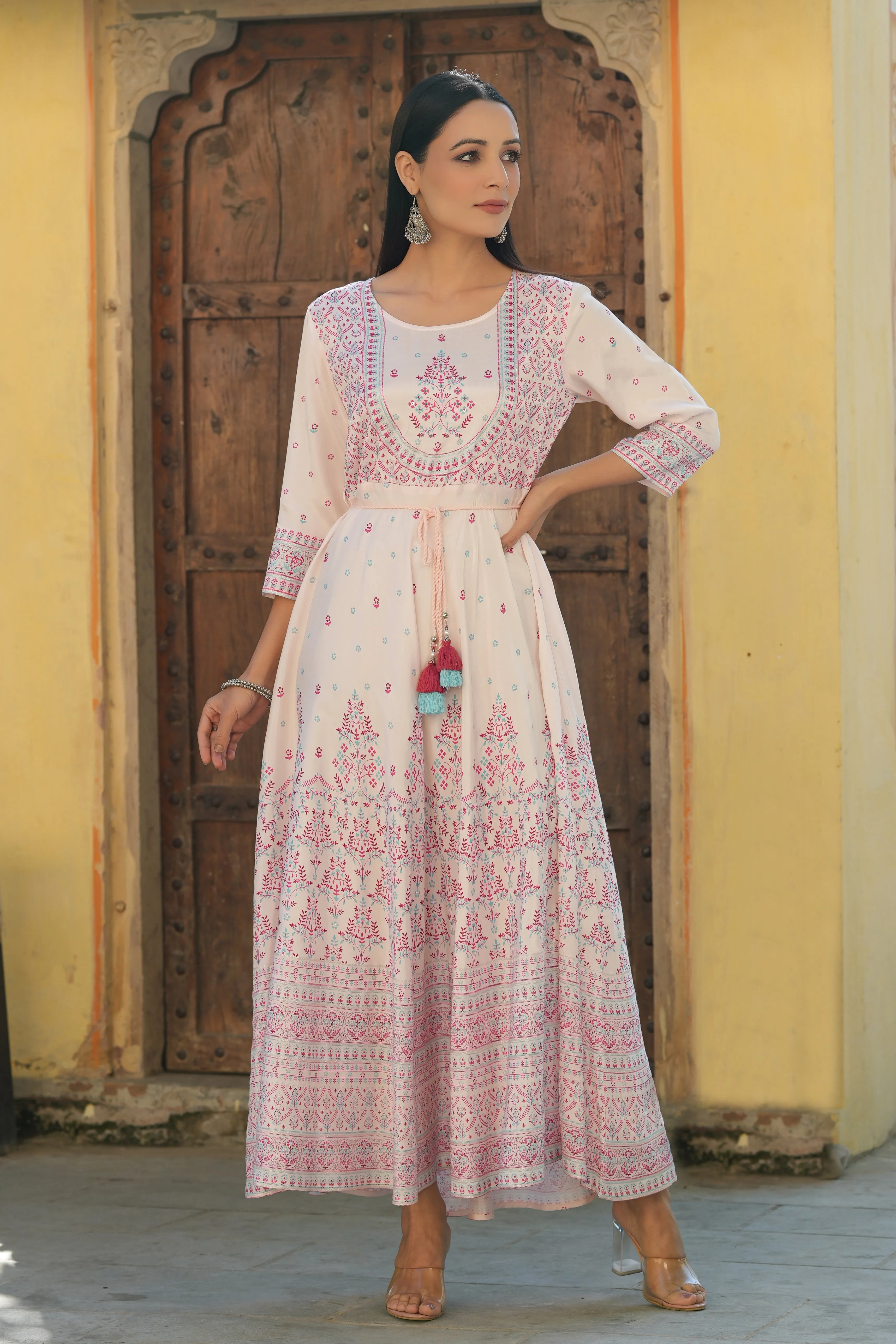 Juniper Pink Ethnic Motif Printed Shantoon Flared Maxi dress With Beads & Sequins Work