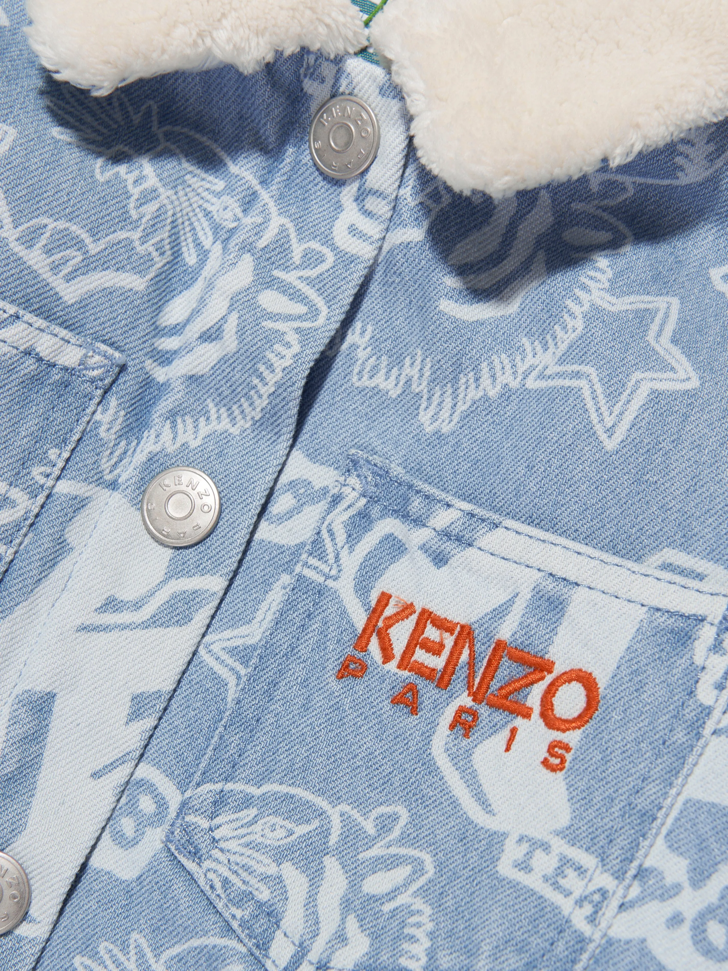 KENZO Boys Faux Shearling And Denim Jacket in Blue