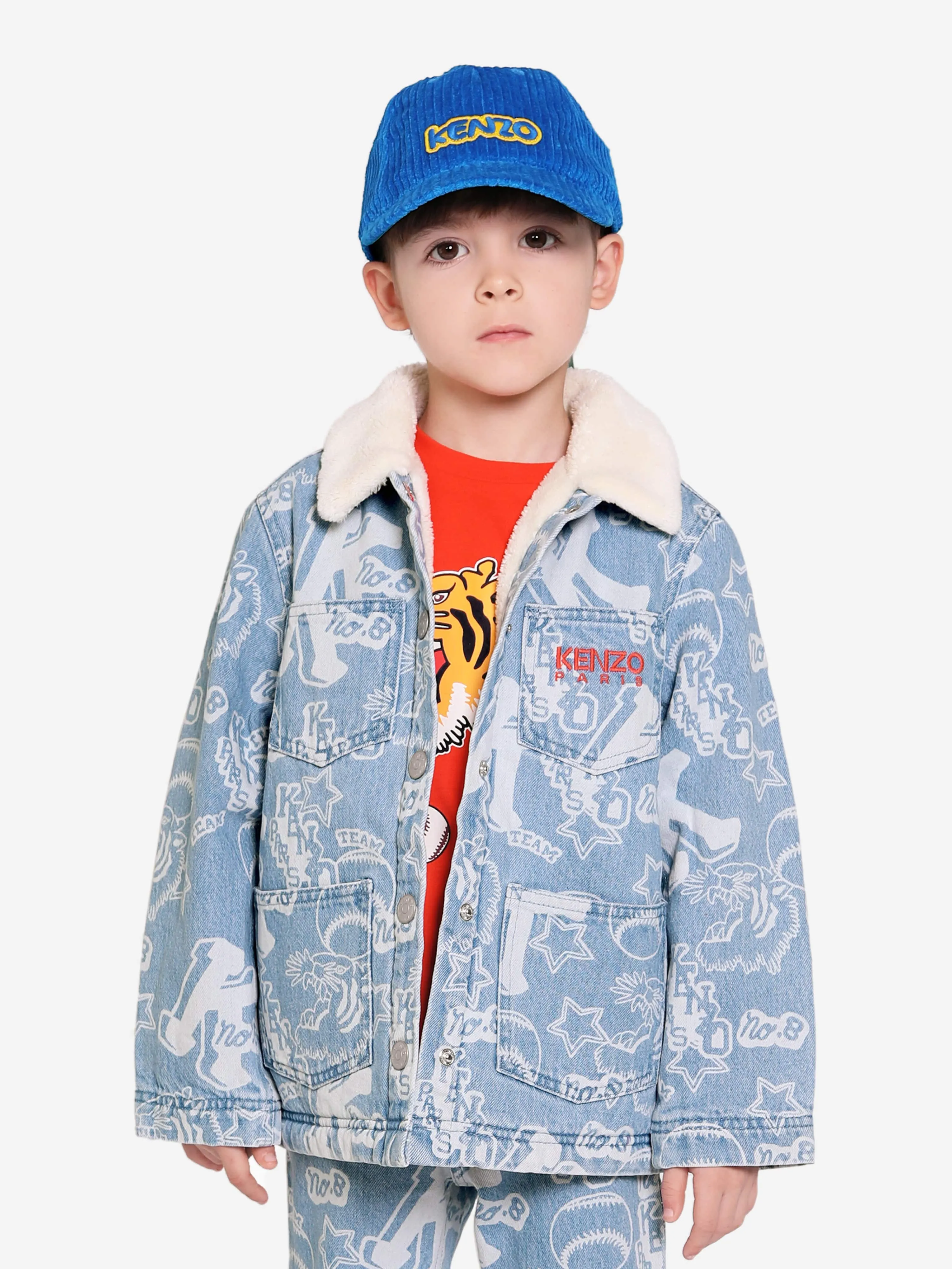 KENZO Boys Faux Shearling And Denim Jacket in Blue