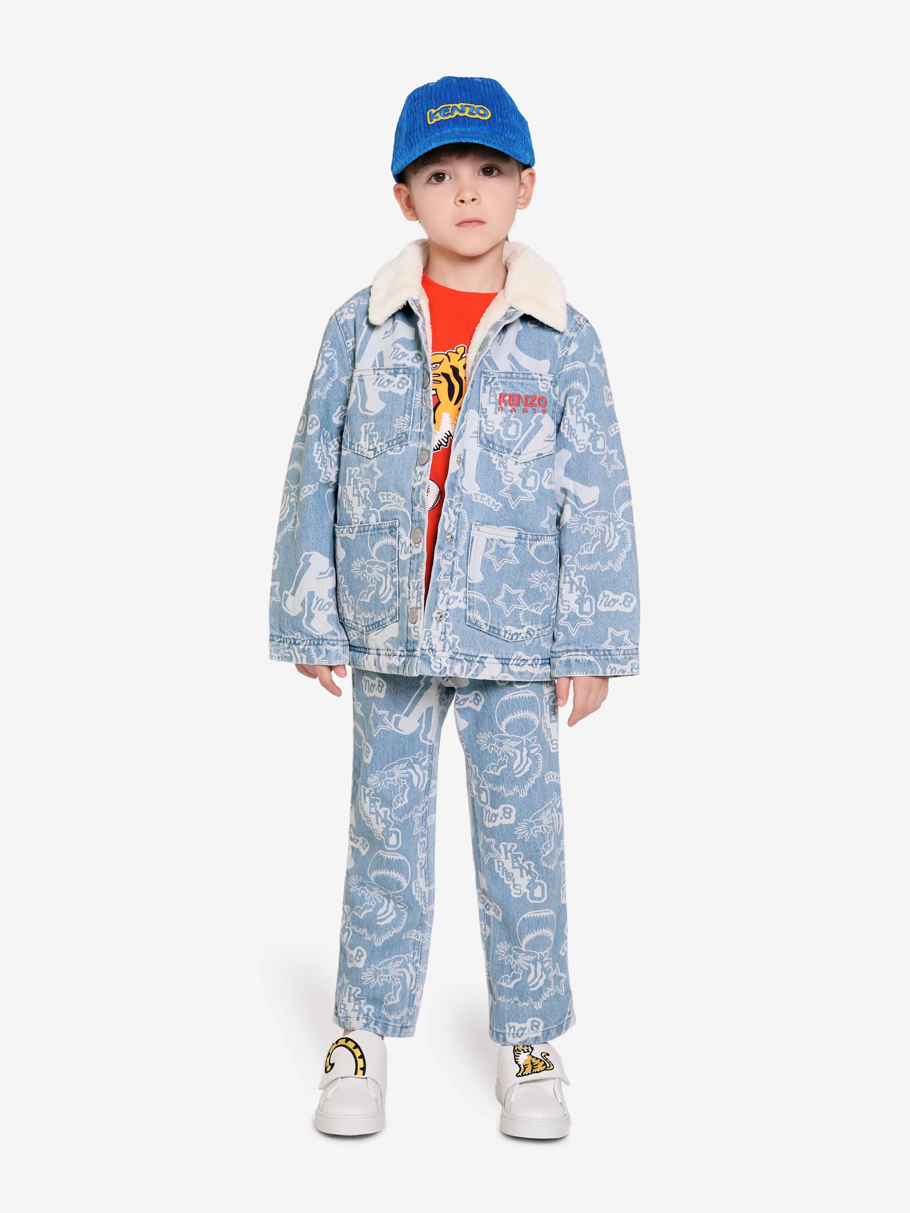 KENZO Boys Faux Shearling And Denim Jacket in Blue