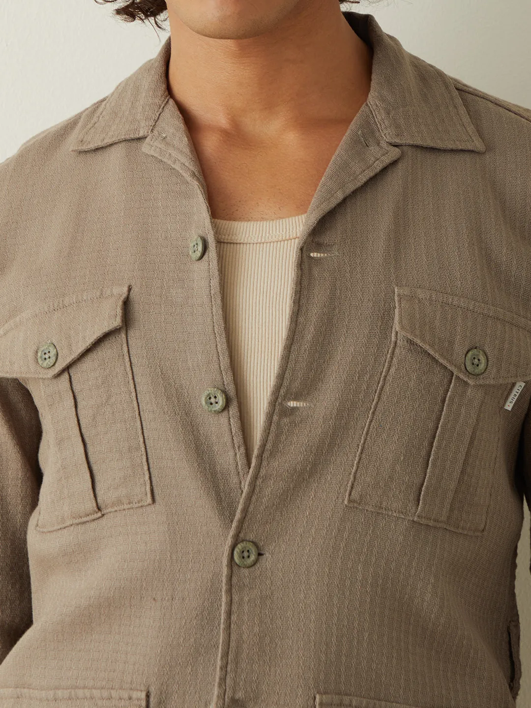 Khaki Double Pocket Cotton Shacket