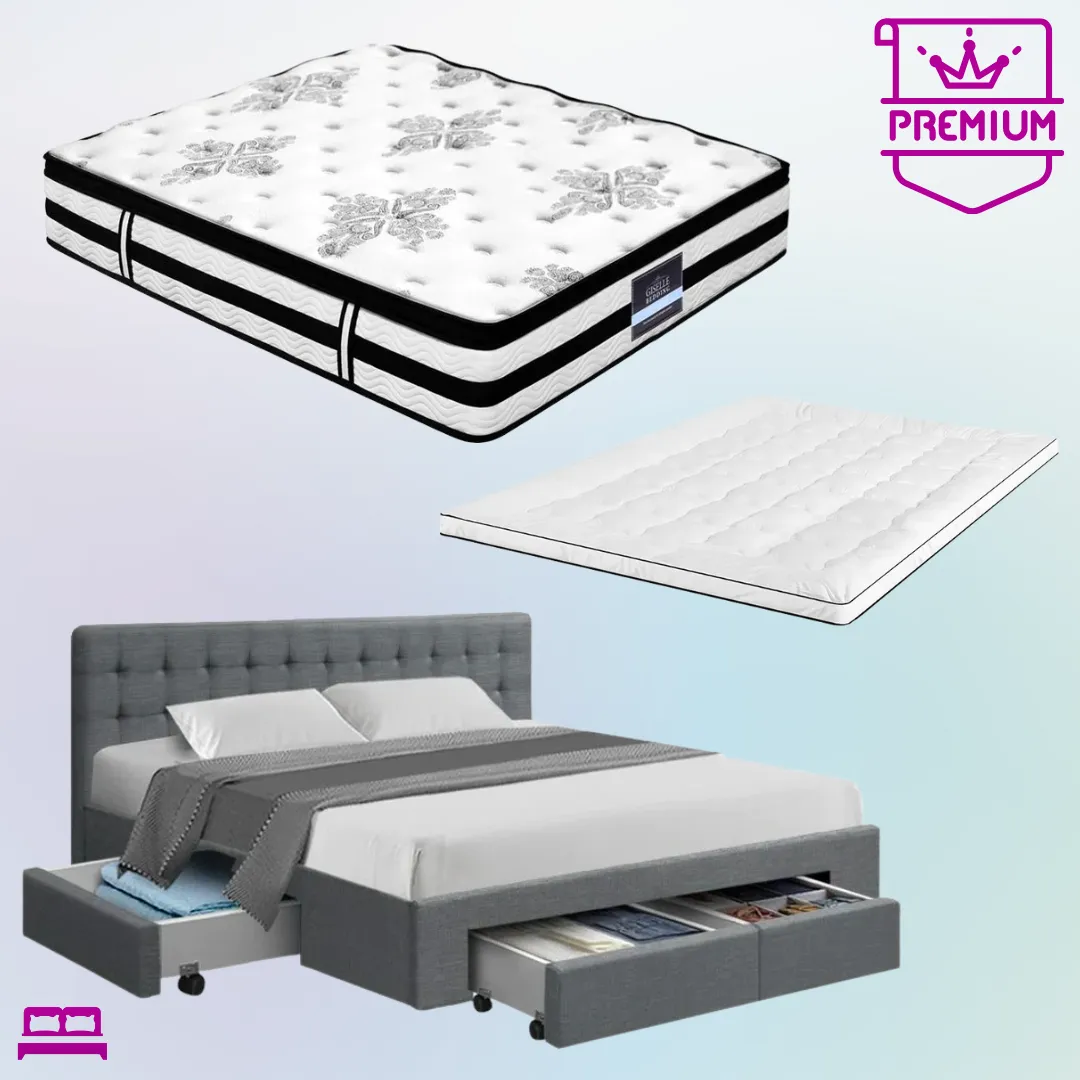 King Premium Package | Trinity Bed Grey, Algarve Euro Top Mattress (Medium Firm) & Deluxe Mattress Topper!