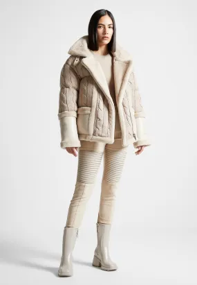 Knit and Plush Puffer Biker Jacket - Beige