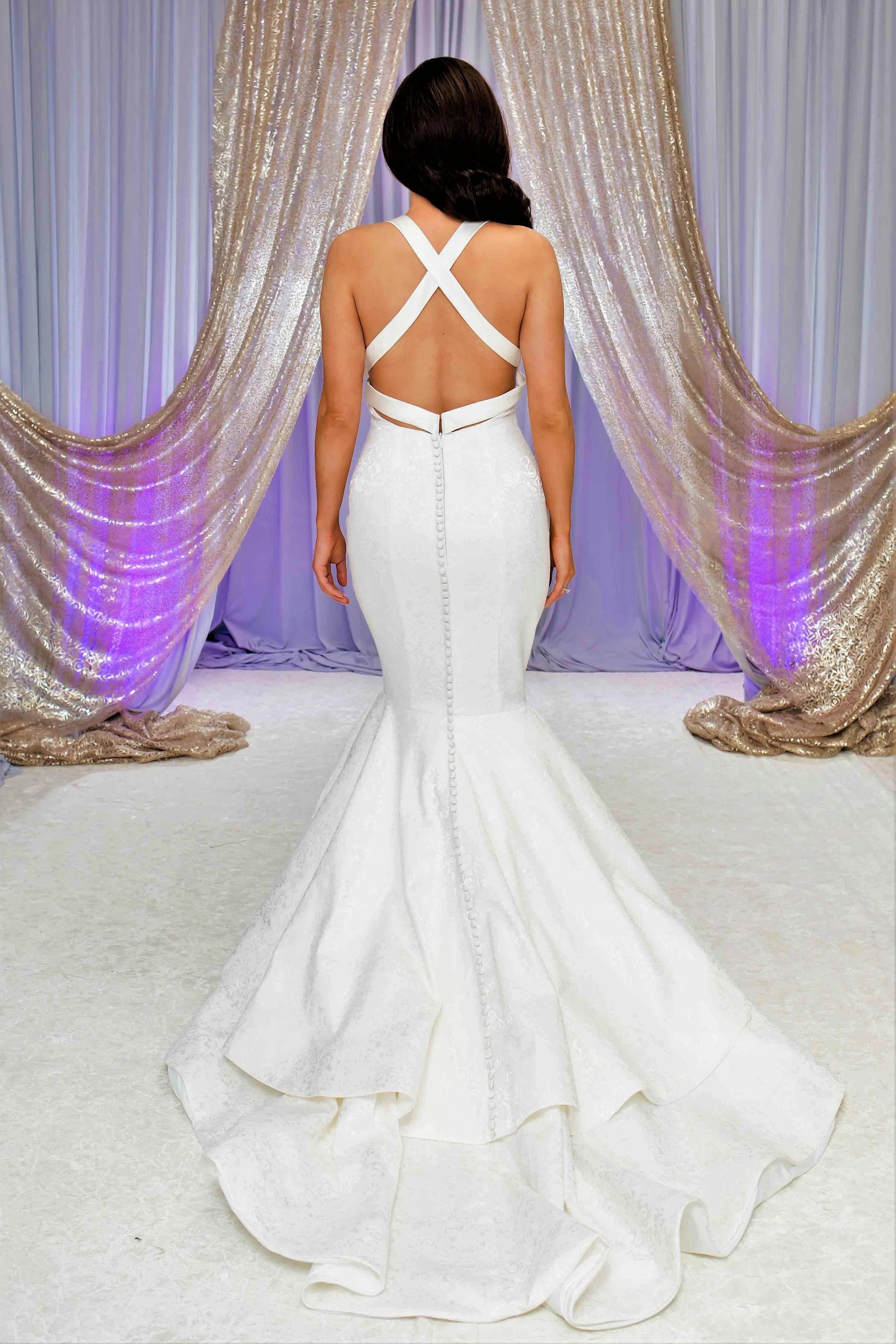 LESIA Halter Neck Cross Back Mermaid Royal Jacquard Bridal Gown