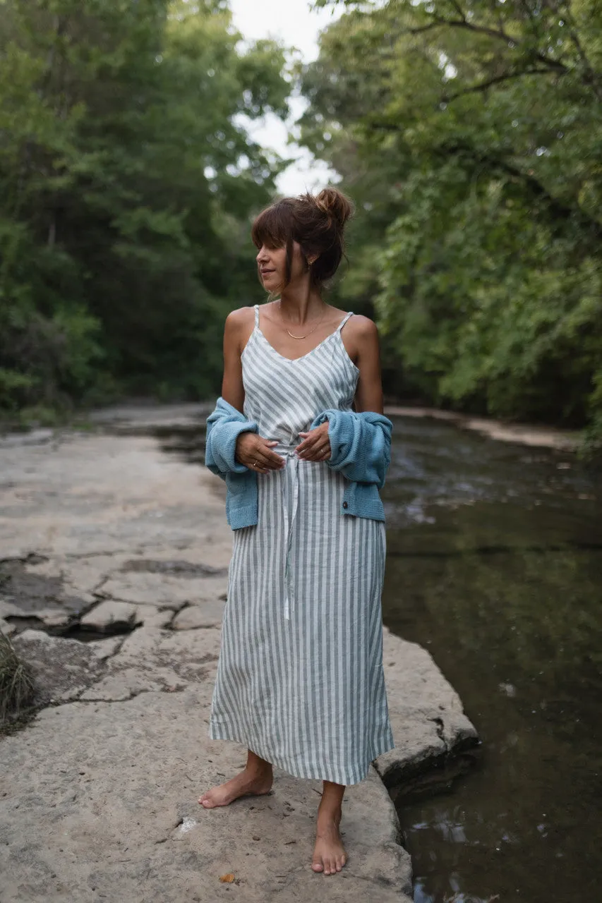 Linen Tank in Green and White Stripe Linen - XL