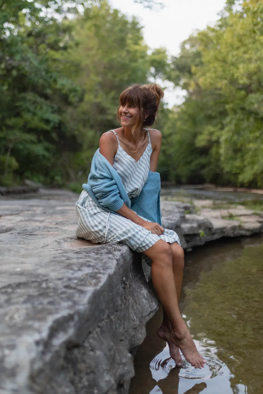 Linen Tank in Green and White Stripe Linen - XL