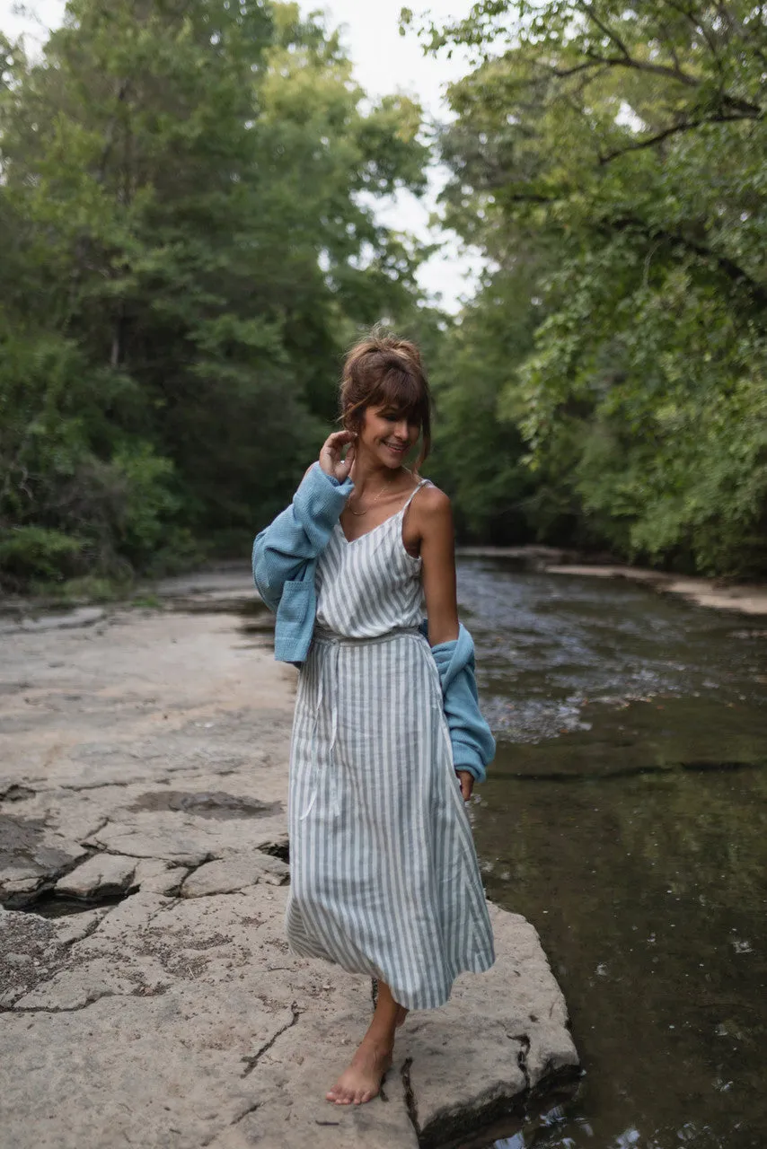 Linen Tank in Green and White Stripe Linen - XL