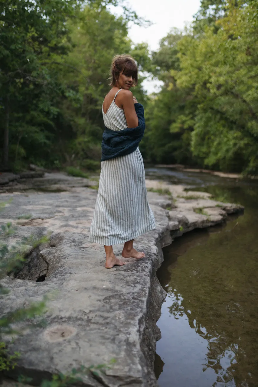 Linen Tank in Green and White Stripe Linen - XL