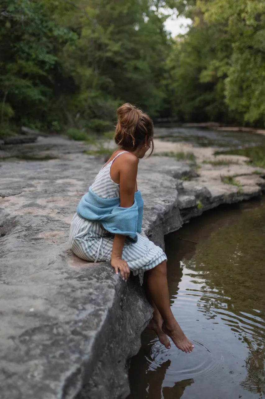 Linen Tank in Green and White Stripe Linen - XL