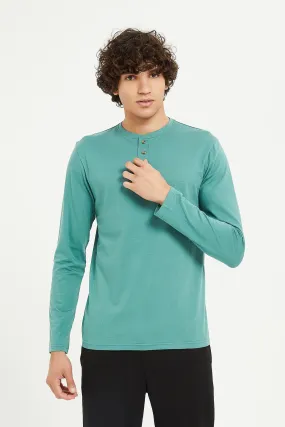 Men Green Long Sleeve Henley Shirt